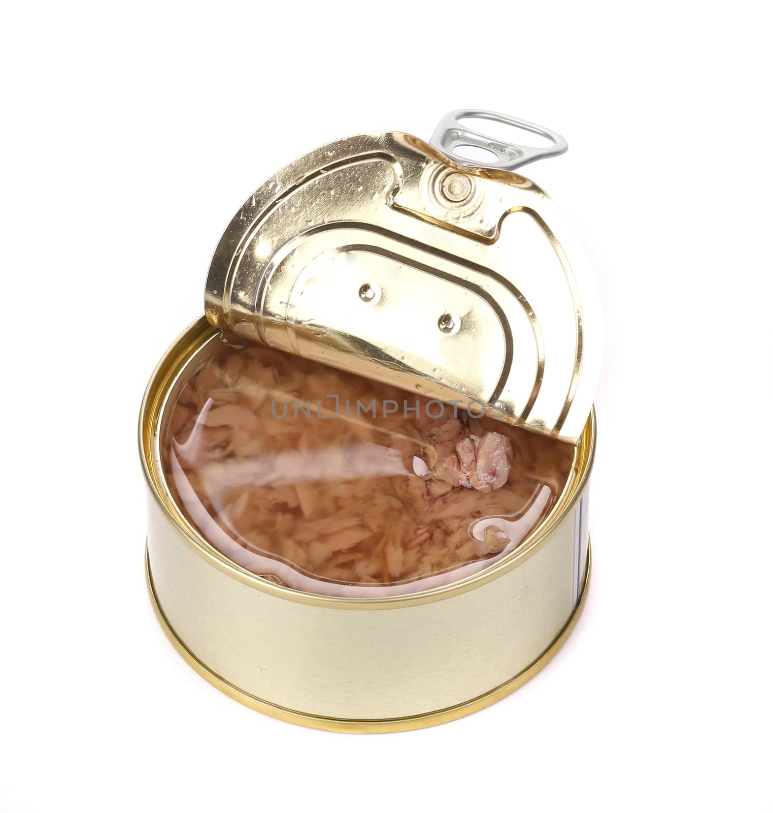 Canned tuna in a tin. Isolated on a white background.