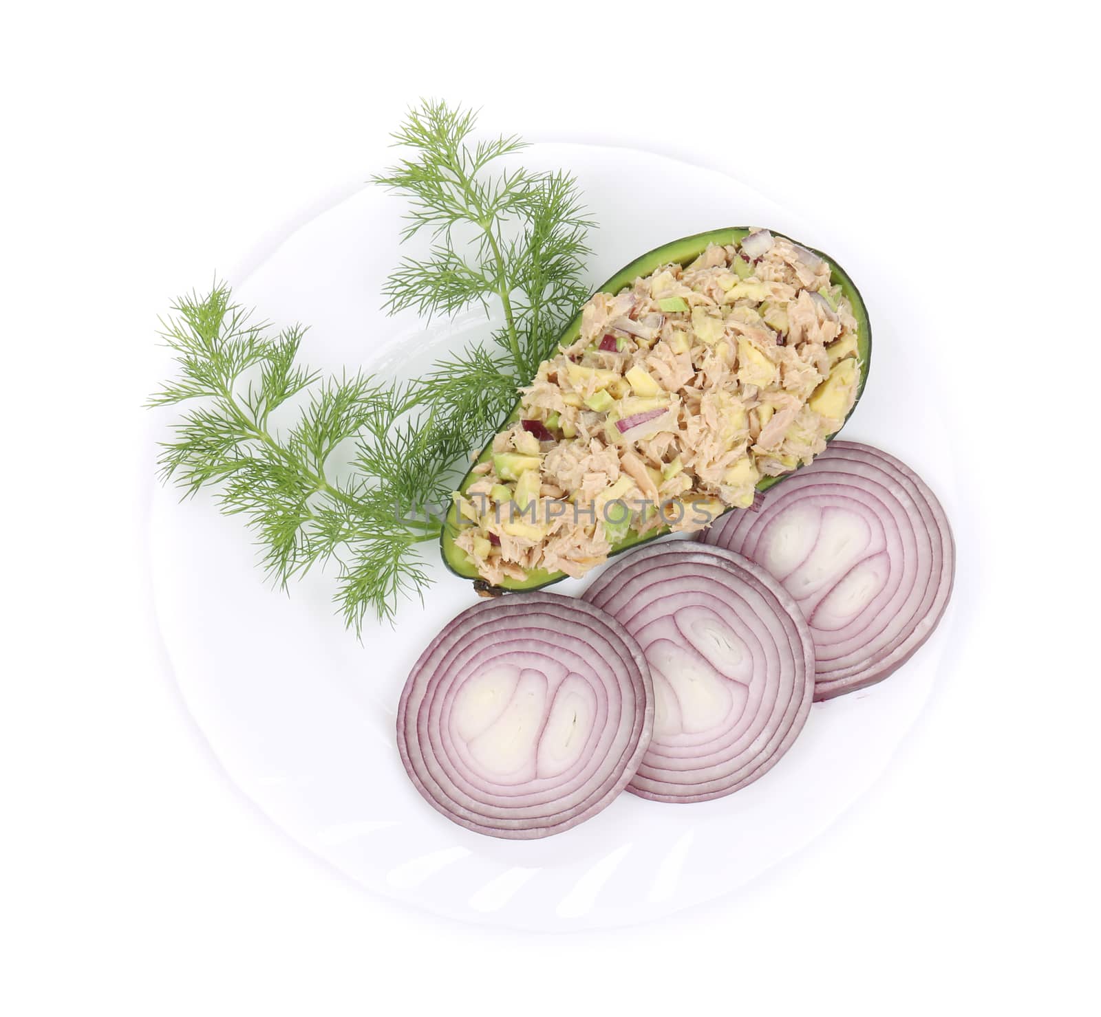 Avocado salad and tuna. Isolated on a white background.