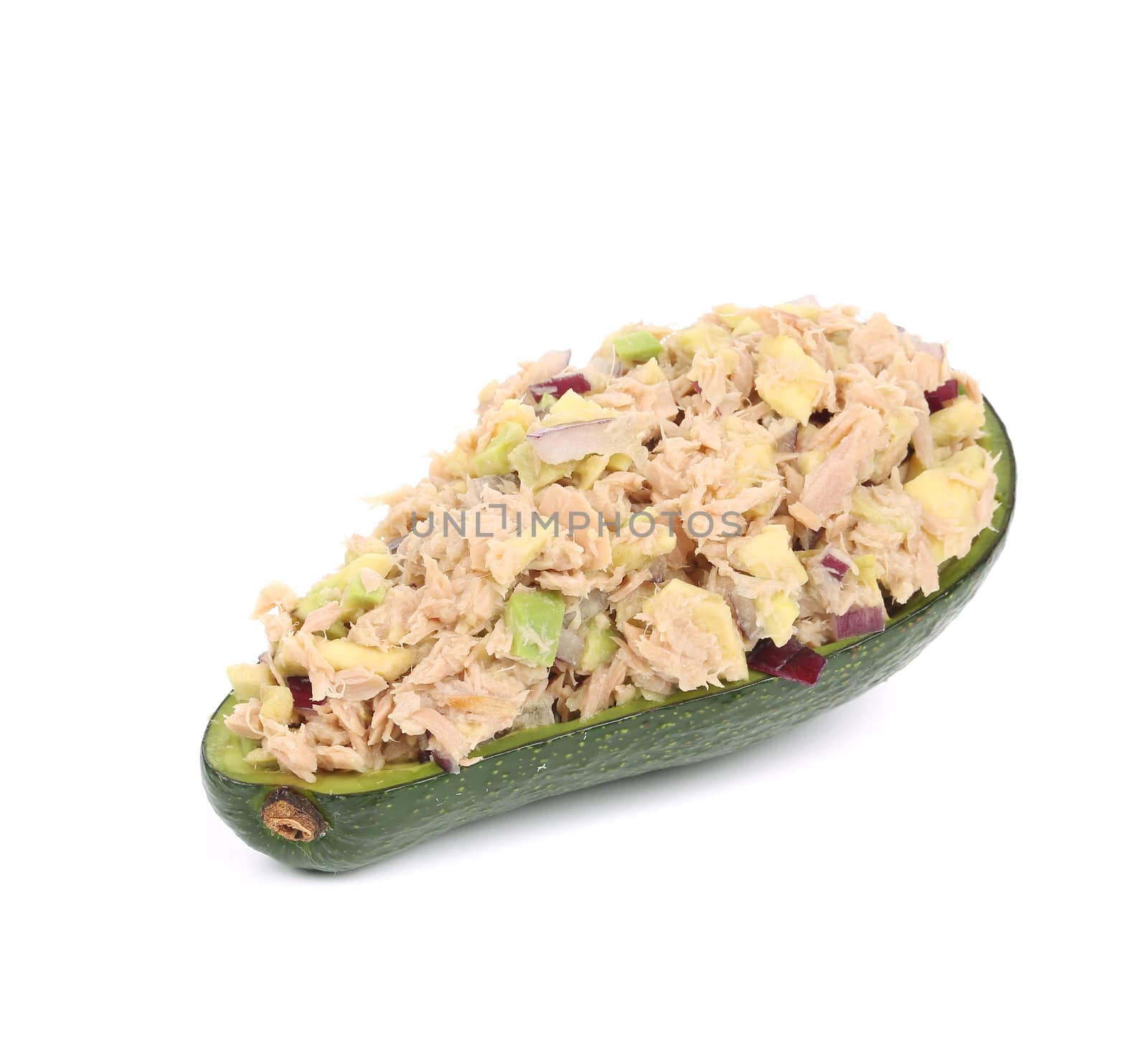 Avocado salad and tuna. Isolated on a white background.