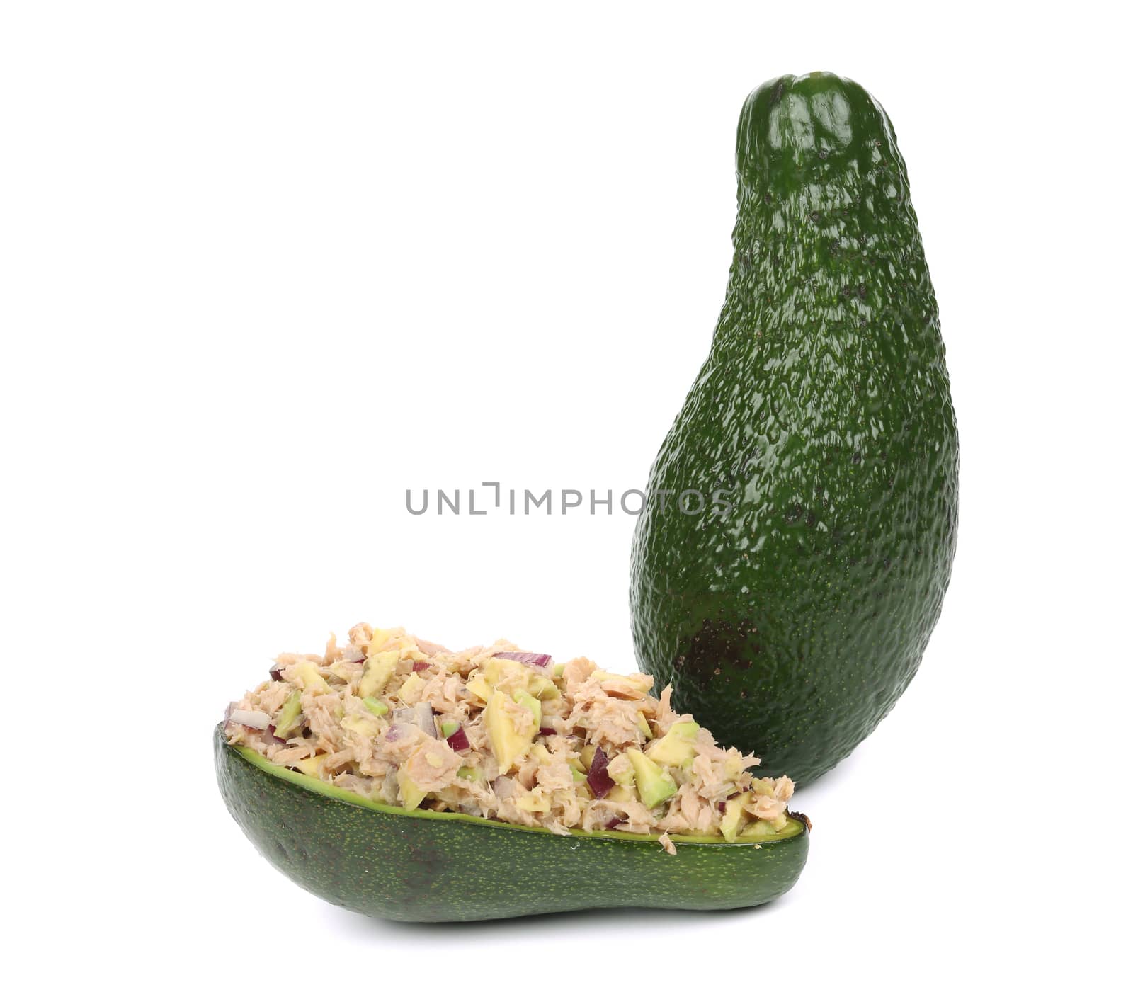 Avocado and tuna salad. Isolated on a white background.