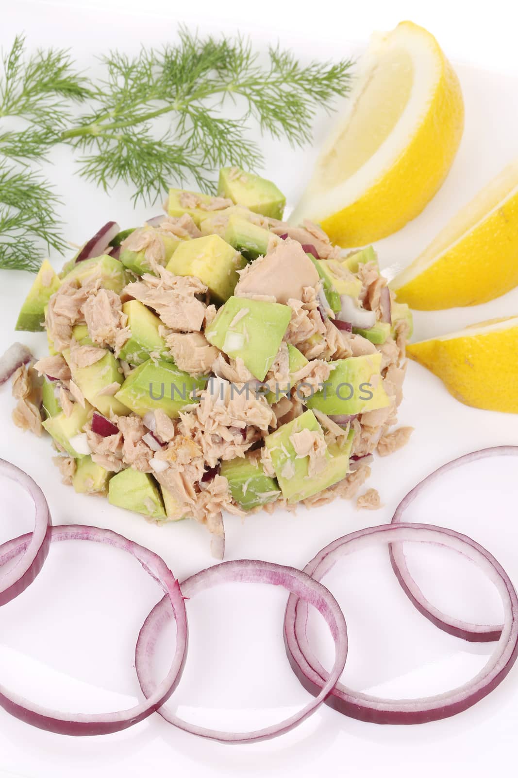 Avocado salad and tuna. Isolated on a white background.