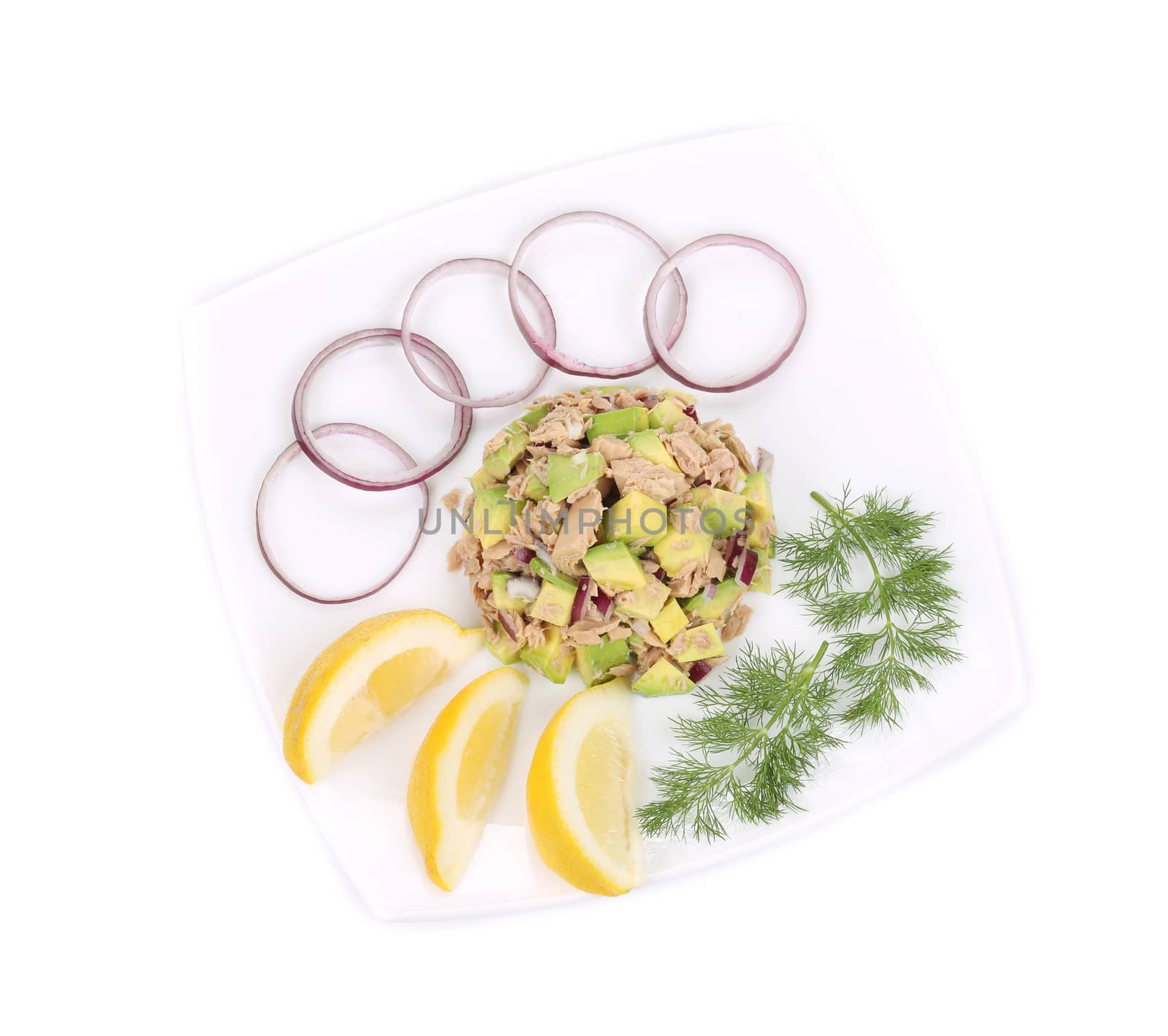 Avocado salad with tuna. Isolated on a white background.