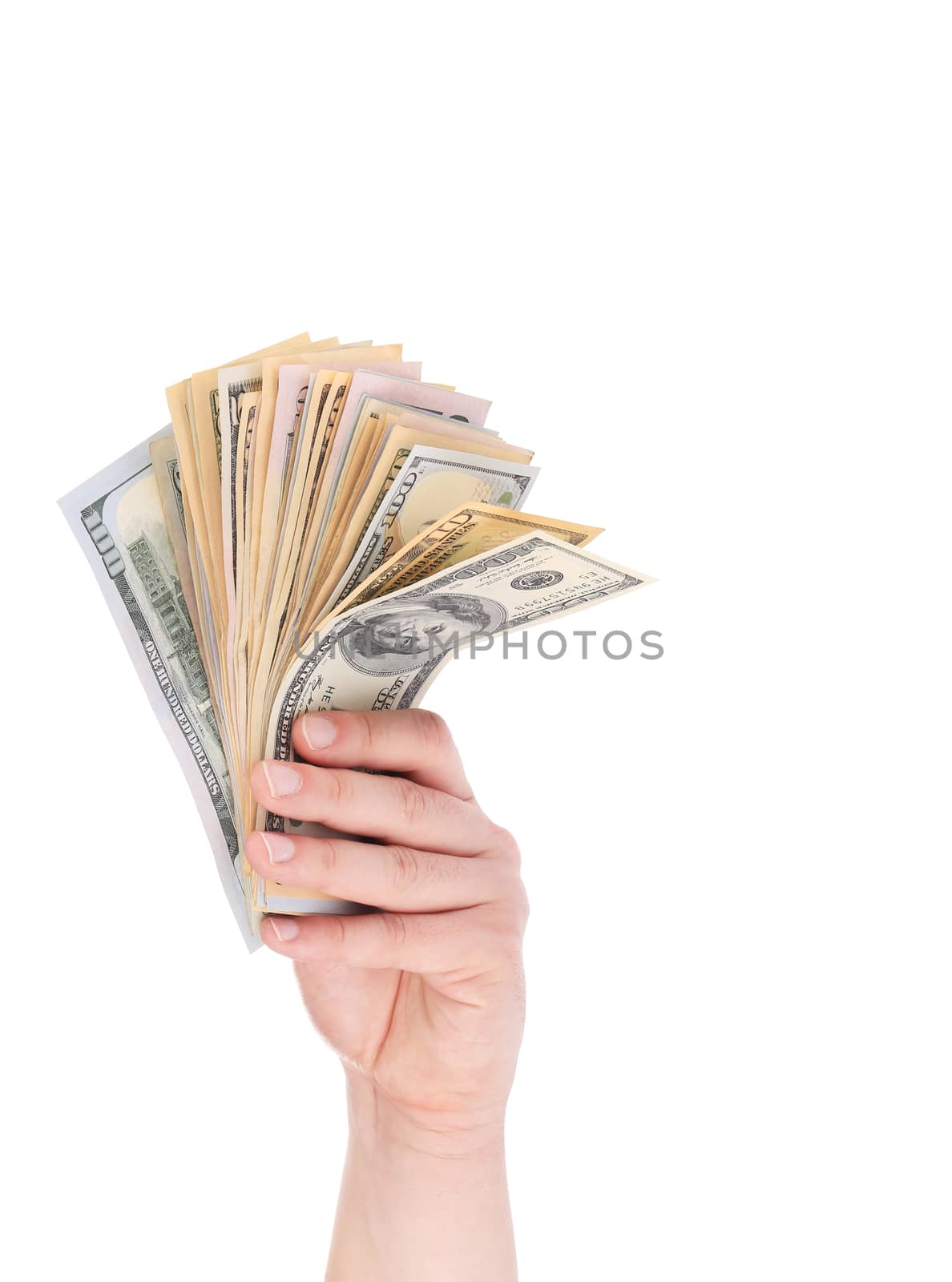 Man hand with dollars. Isolated on a white background.