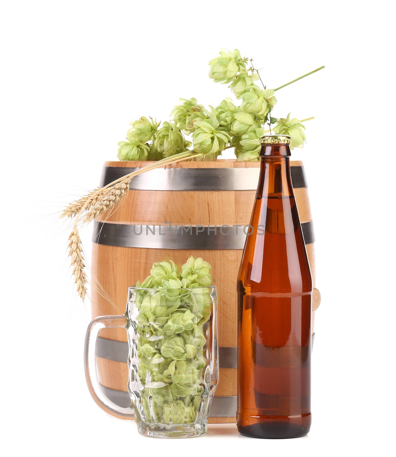 Barrel and bottle of beer with hop. Isolated on a white background.