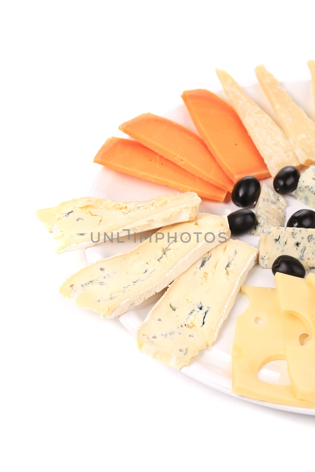 Cheeseboard with black olives. Isolated on a white background.