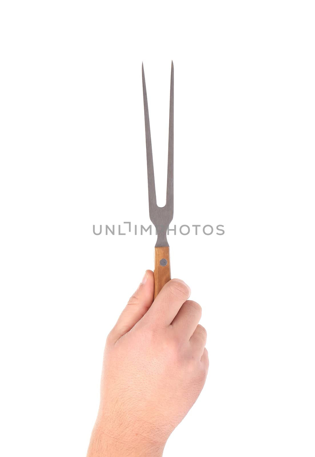 Hand holds fork. Isolated on a white background.