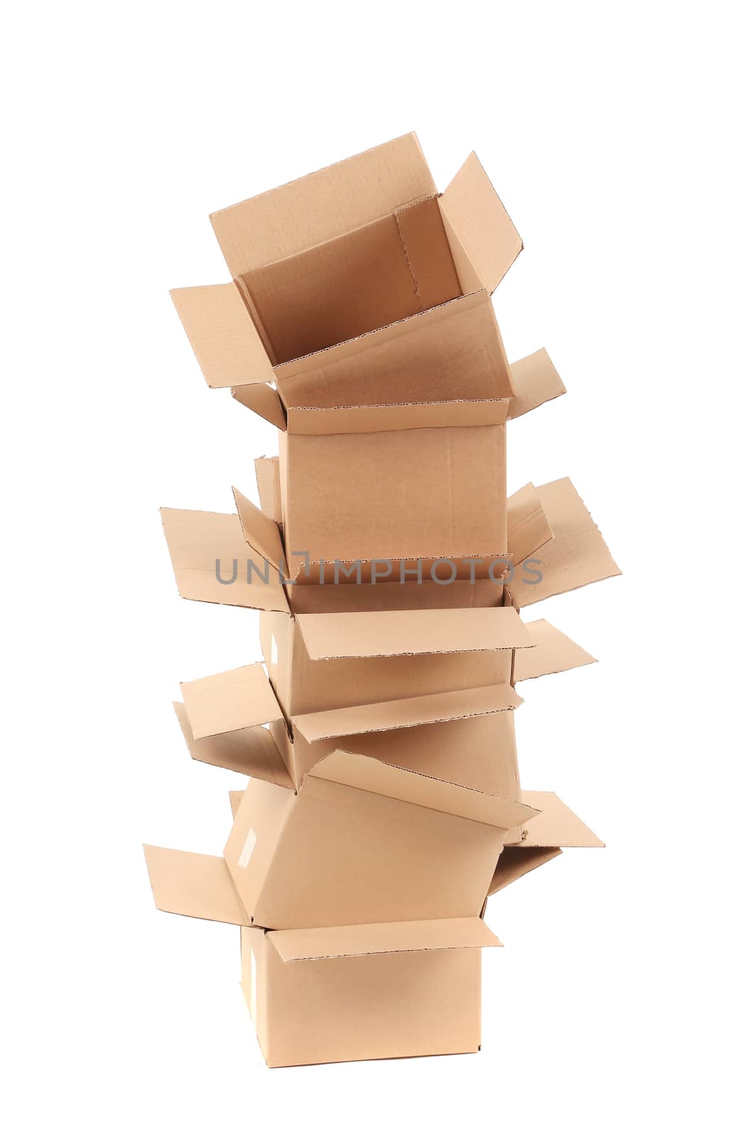 Stack of opened cardboard boxes. Isolated on a white background.