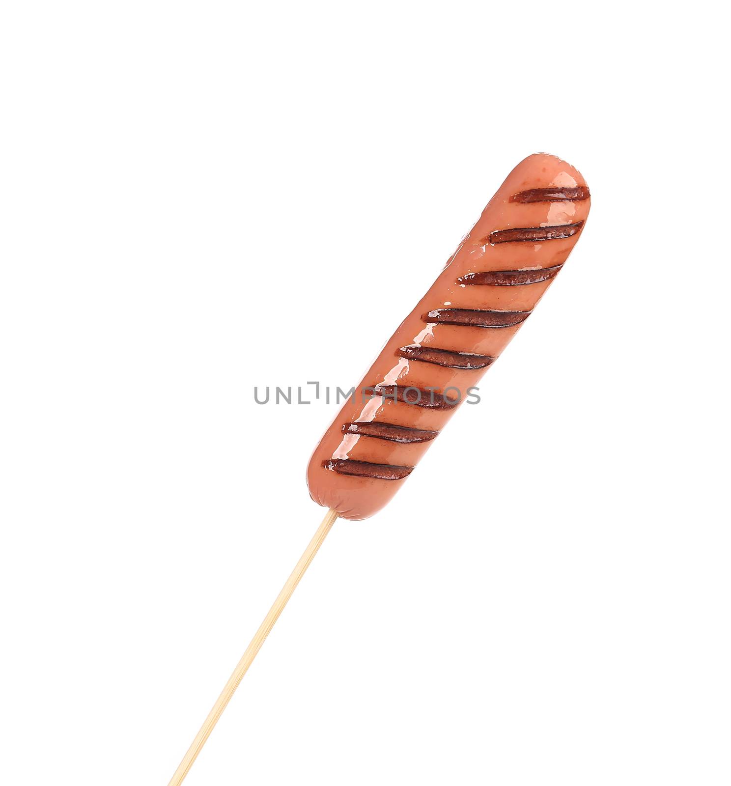 Grilled sausage on a skewer. Isolated on a white background.