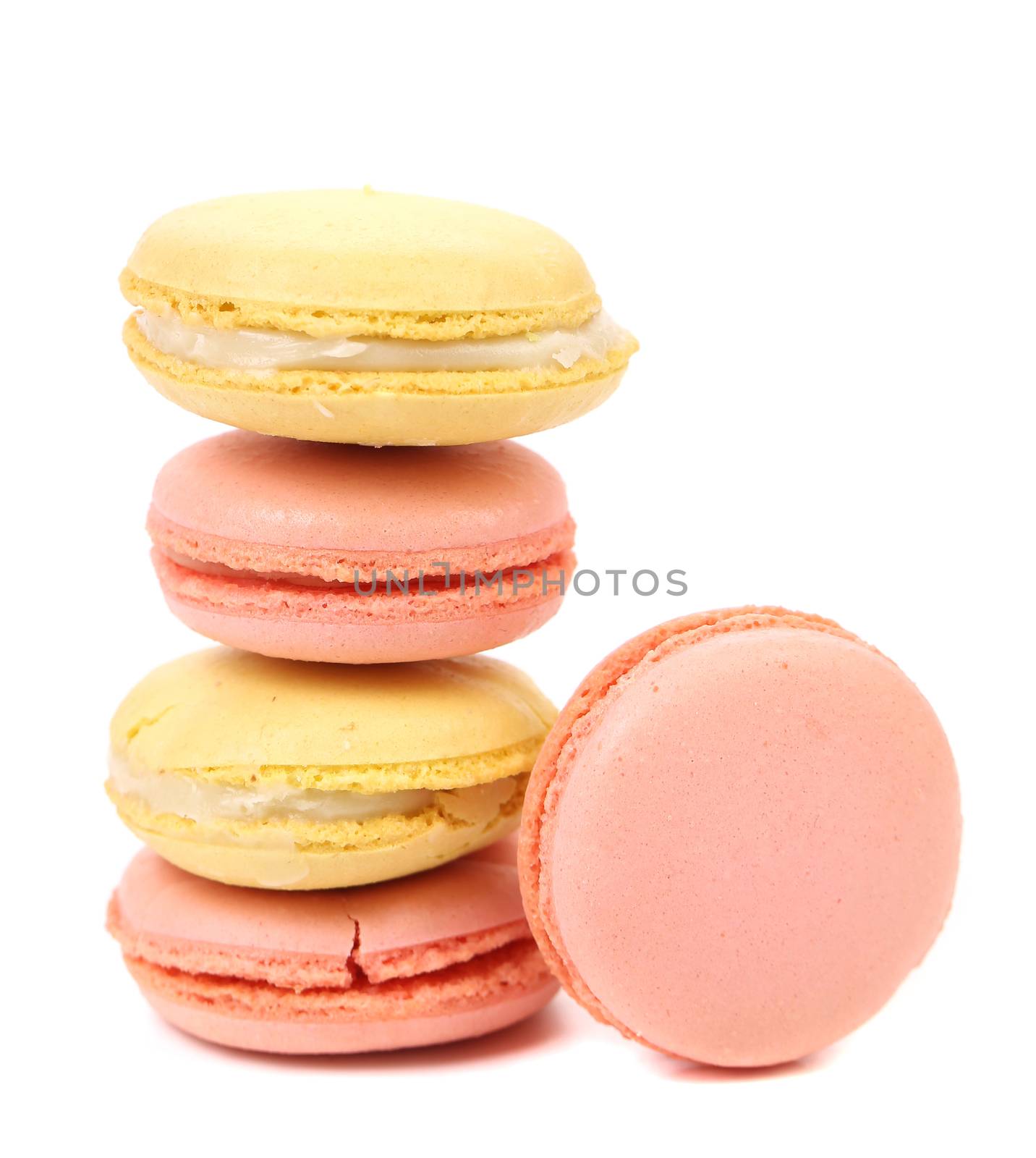 French tasty macaroons. Isolated on a white background.