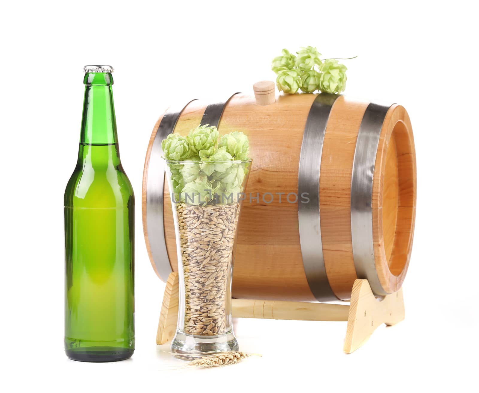 Barrel and bottle of beer with hop. Isolated on a white background.