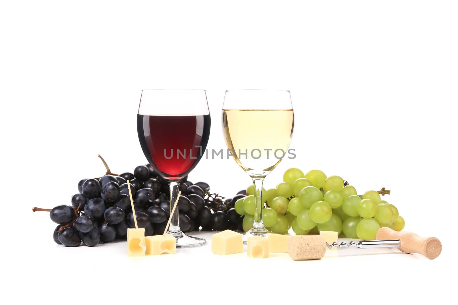 Two glass of wine with grapes and corkscrew. Isolated on a white background.