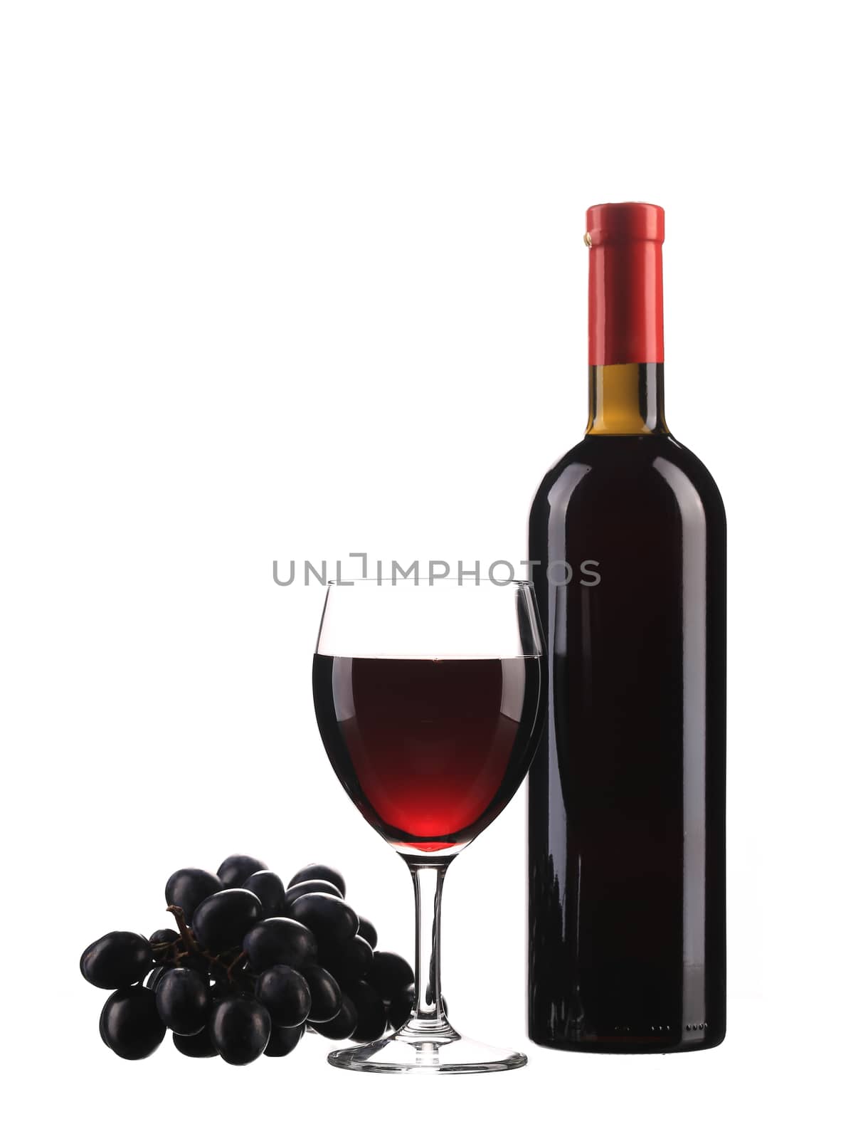 Red wine bottle and glass. Isolated on a white background.