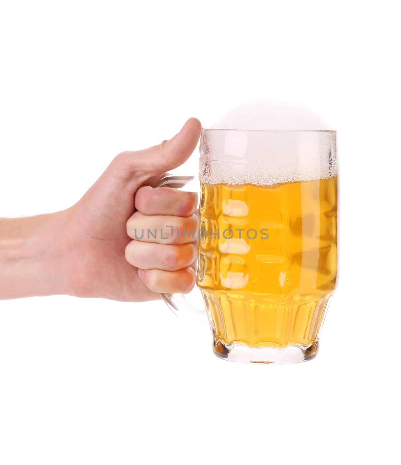 Male hand holding up a glass of beer. Isolated on a white background.