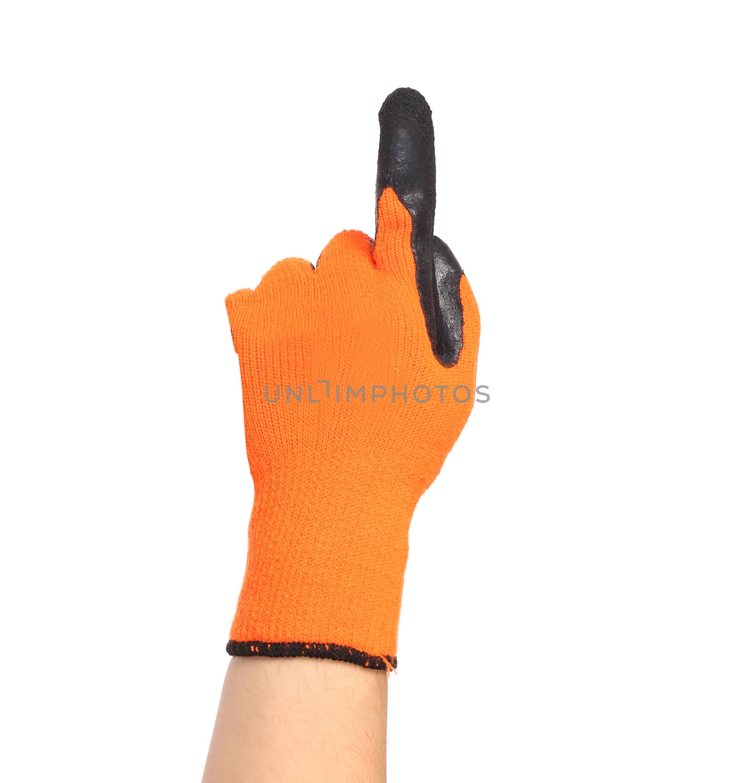 Hand in rubber glove shows one. Isolated on a white background.