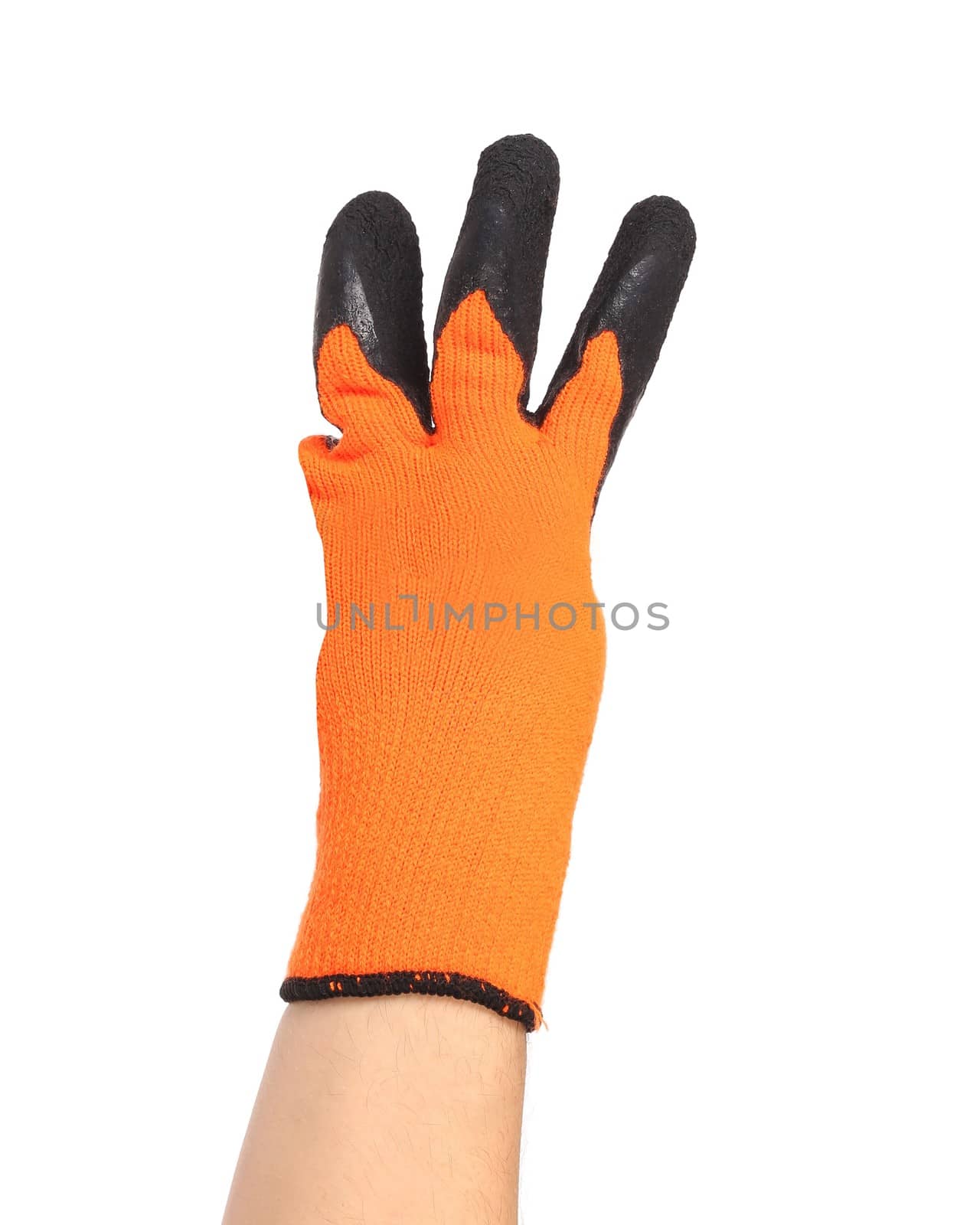 Hand in rubber glove shows three.  Isolated on a white background.