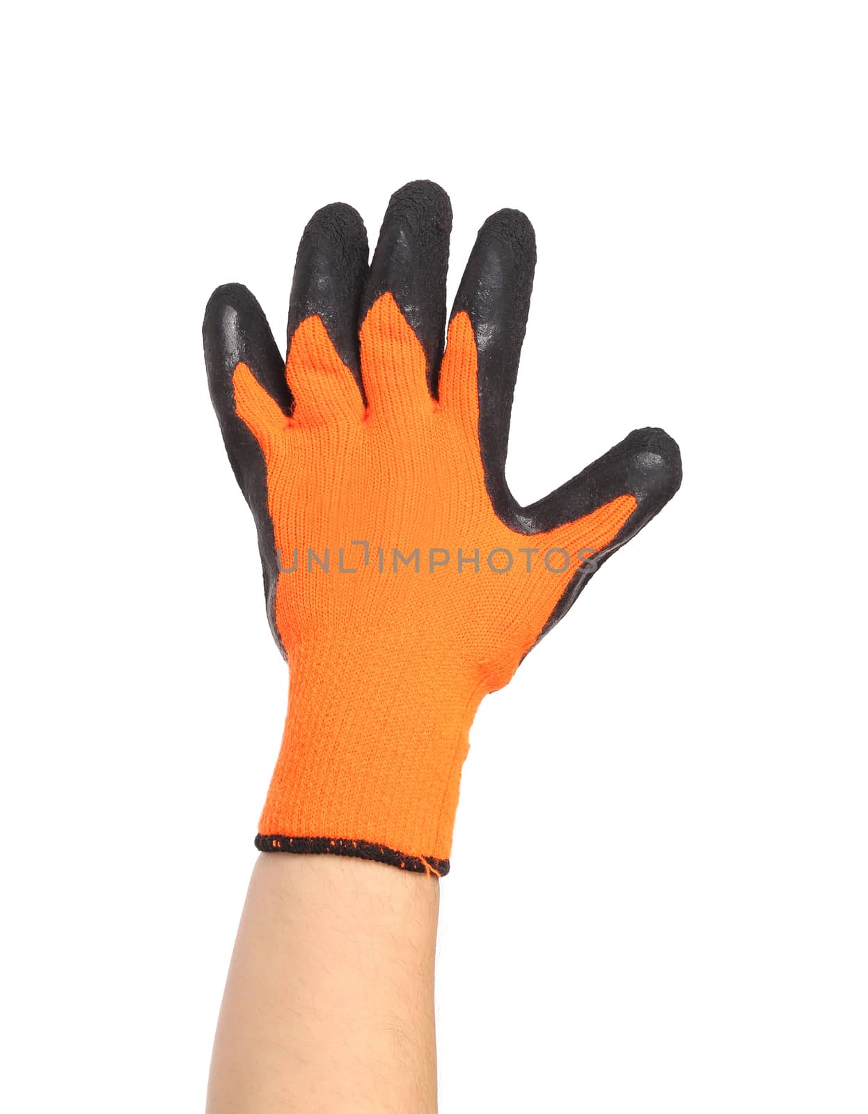 Hand in rubber glove shows five. Isolated on a white background.