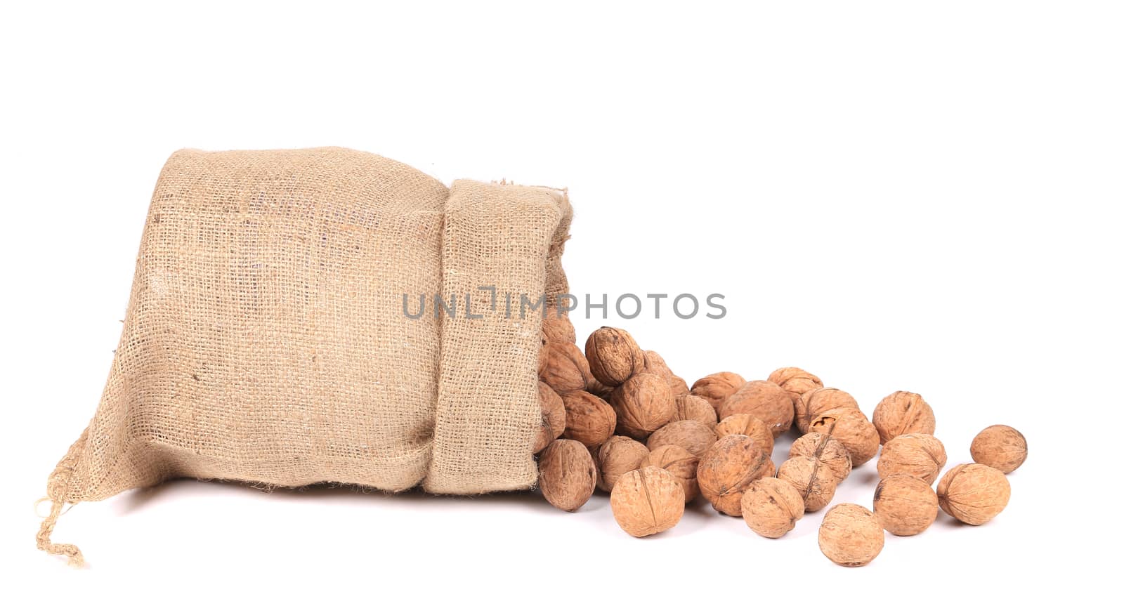 Sack with walnuts. Isolated on a white background.
