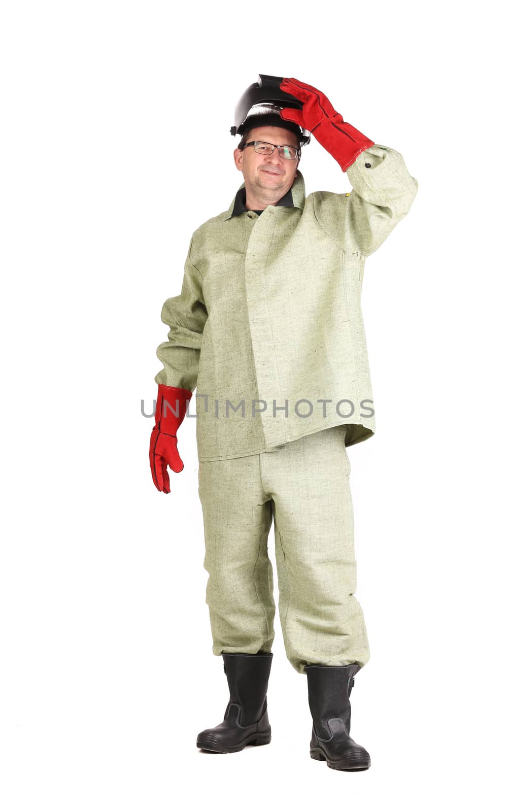 Smiling welder. Isolated on a white background.