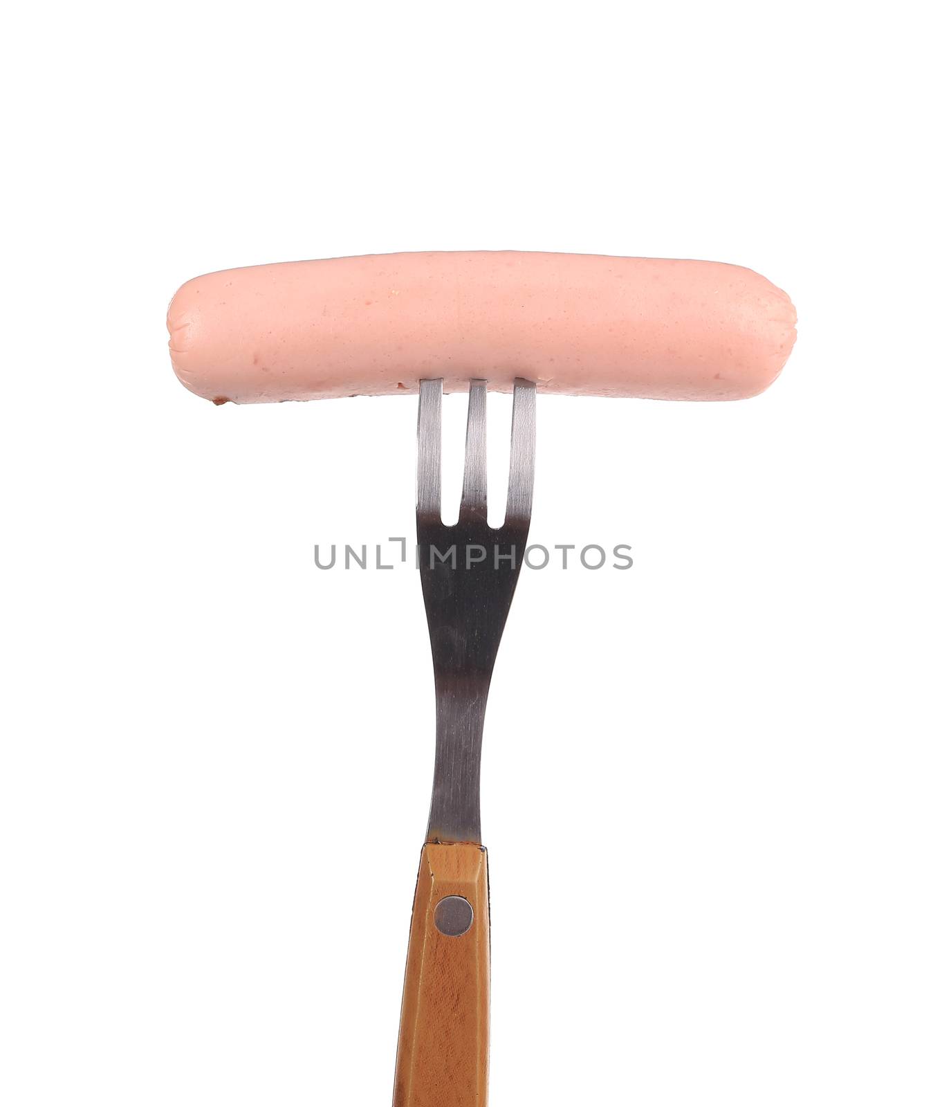 Raw sausage on a fork. Isolated on a white background.