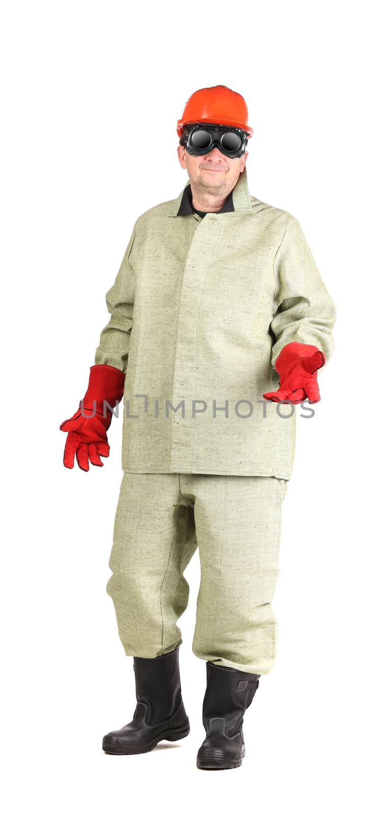 Welder in red helmet. Isolated on a white background.