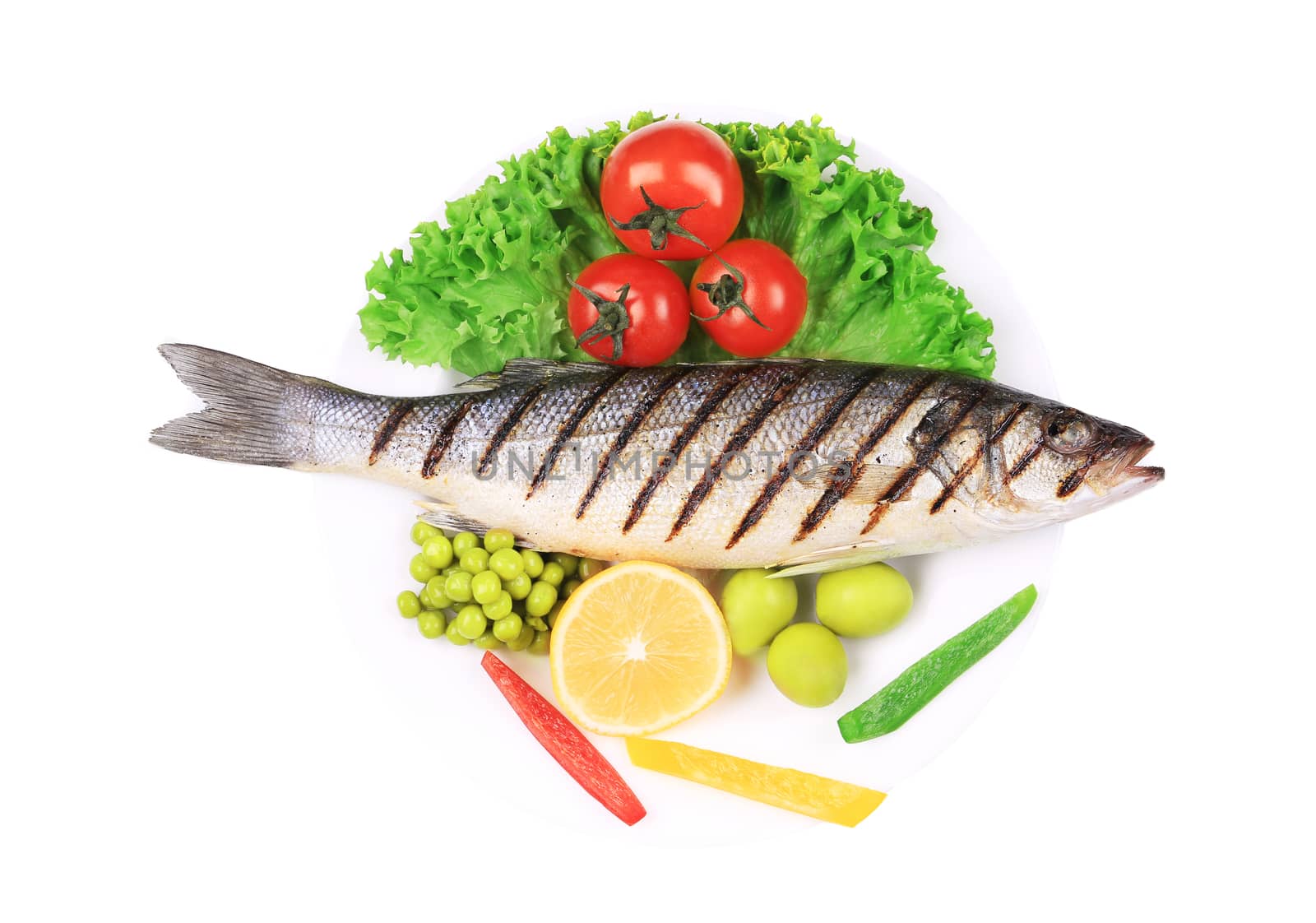 Grilled seabass with vegetables on plate. Isolated on a white background.