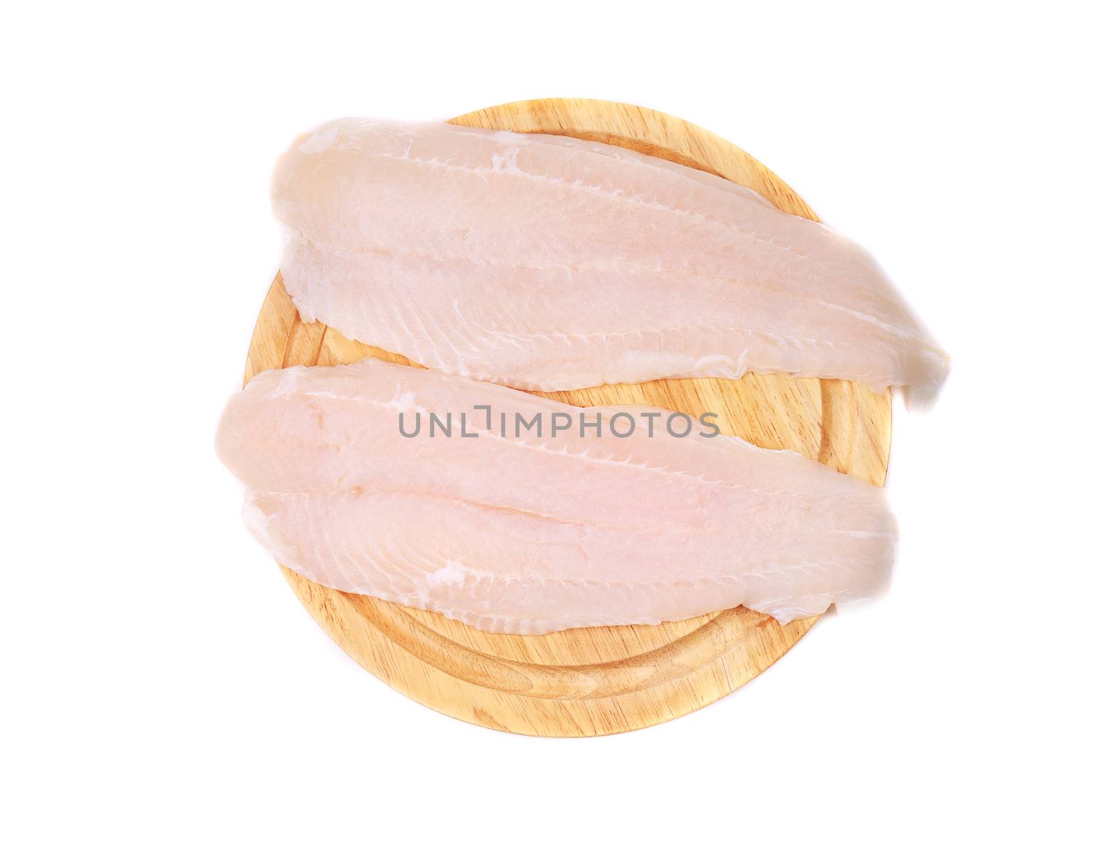 Pangasius fillets on platter. Isolated on a white background.