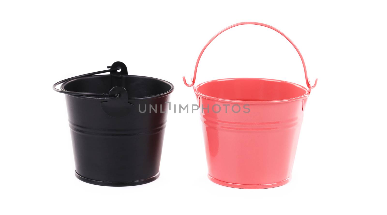 Black and pink metal buckets. Isolated on a white background.
