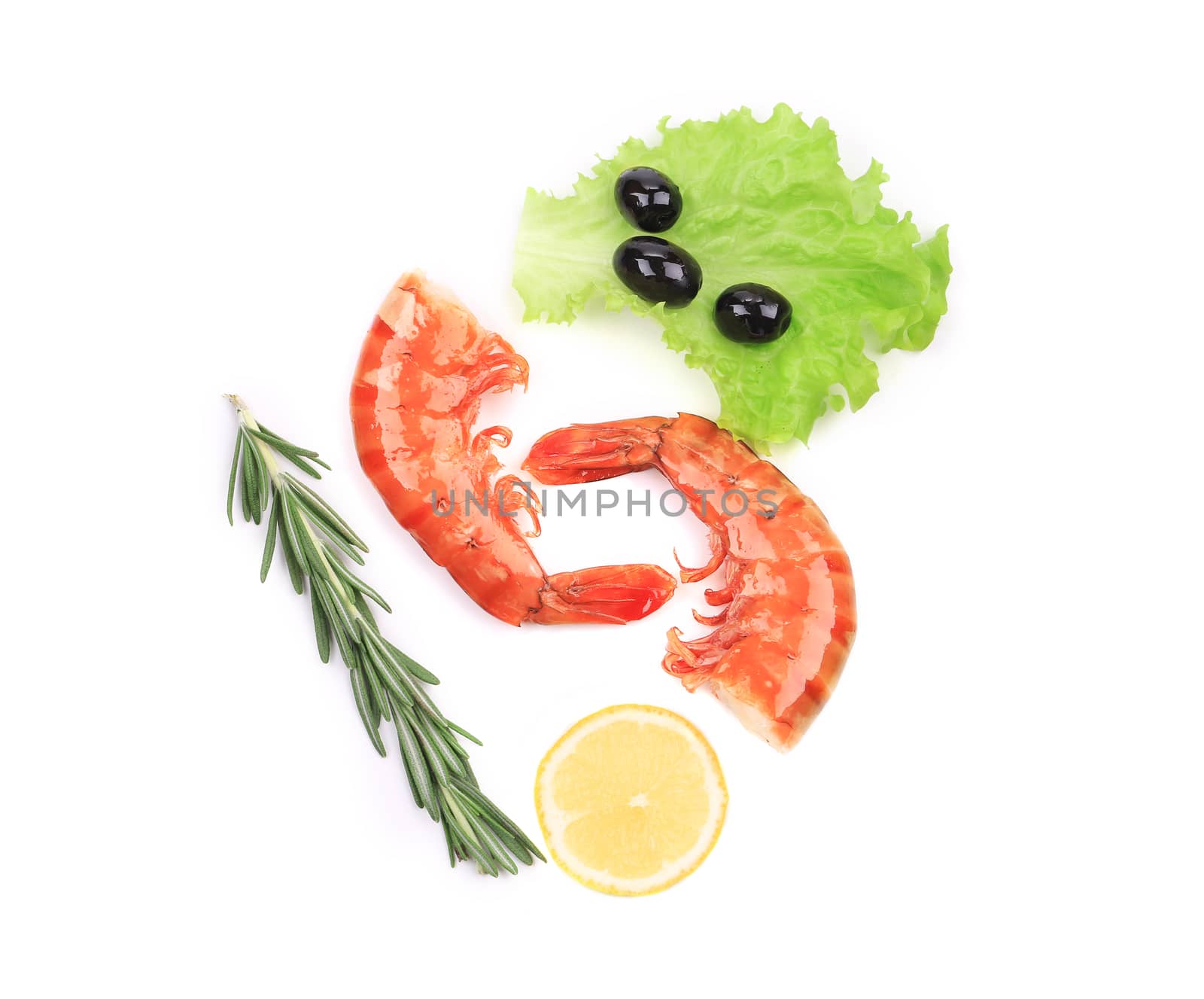 Shrimp with vegetables. Isolated on a white background.