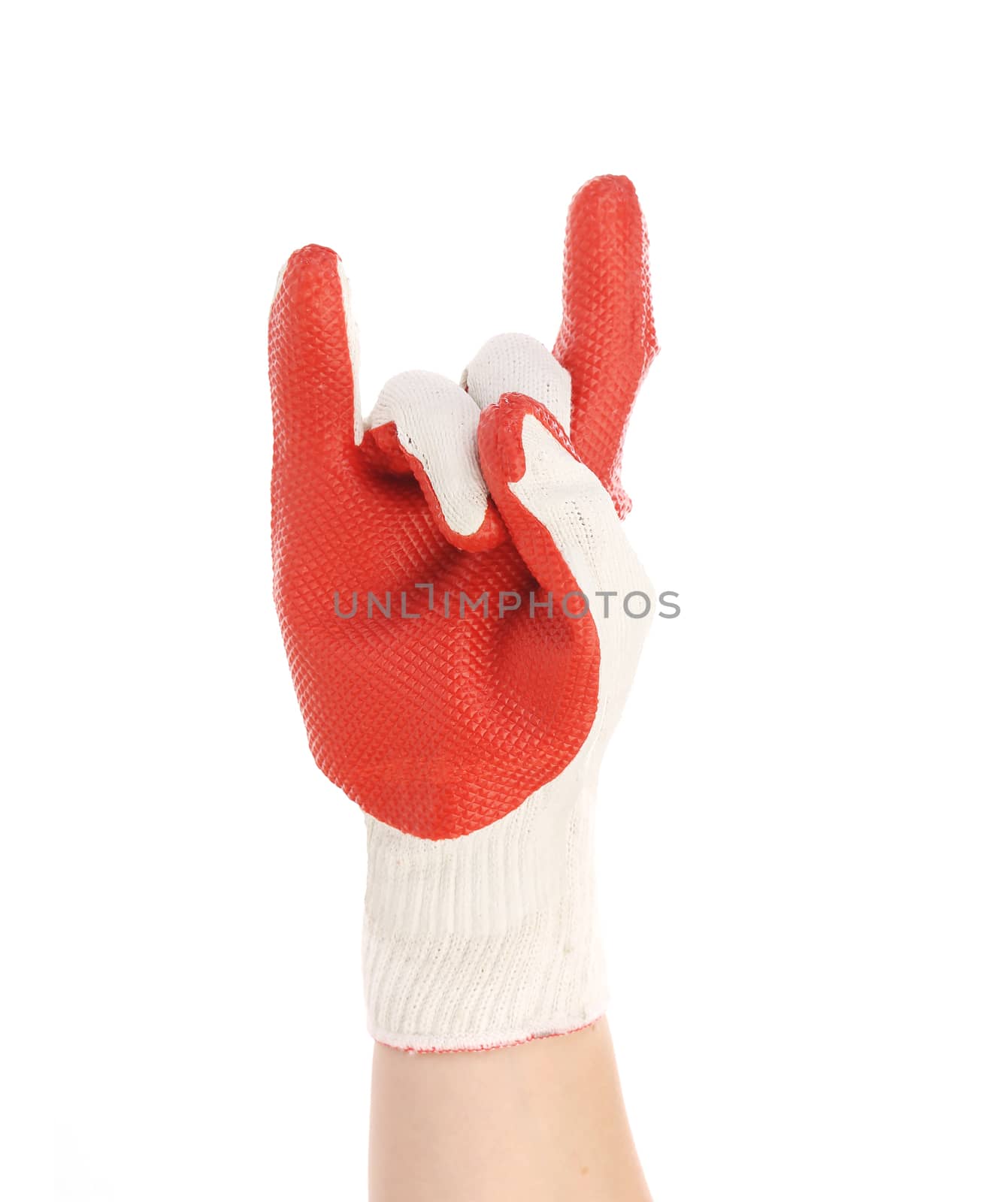 Hand in rubber glove shows rock sign. Isolated on a white background.