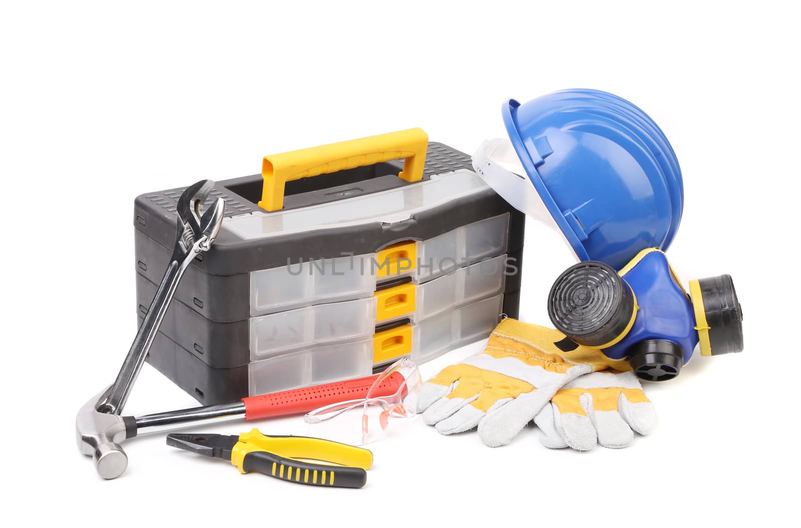 Toolbox pliers and hard hat. Isolated on a white background.