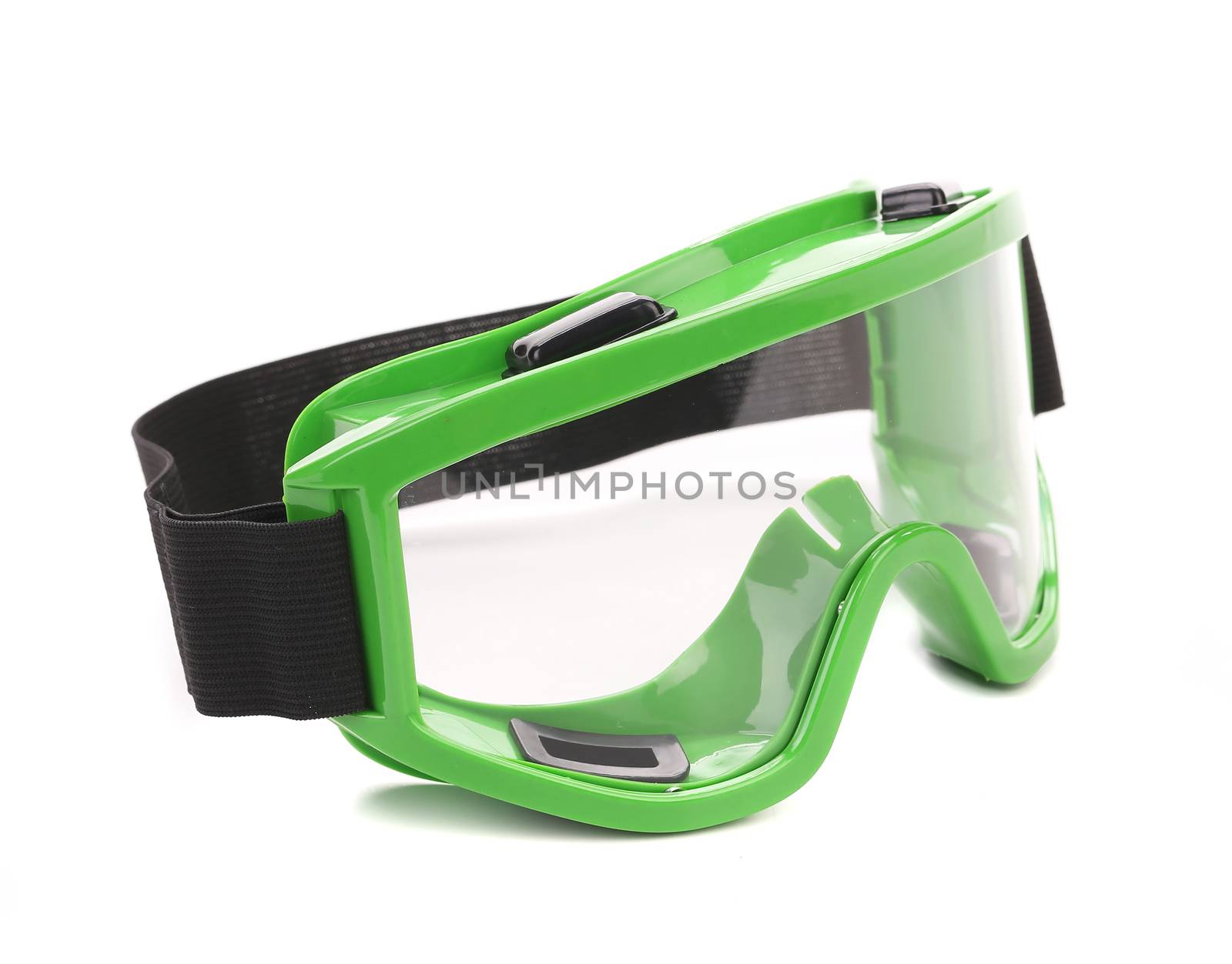 Green snowboarding glasses. Isolated on a white background.
