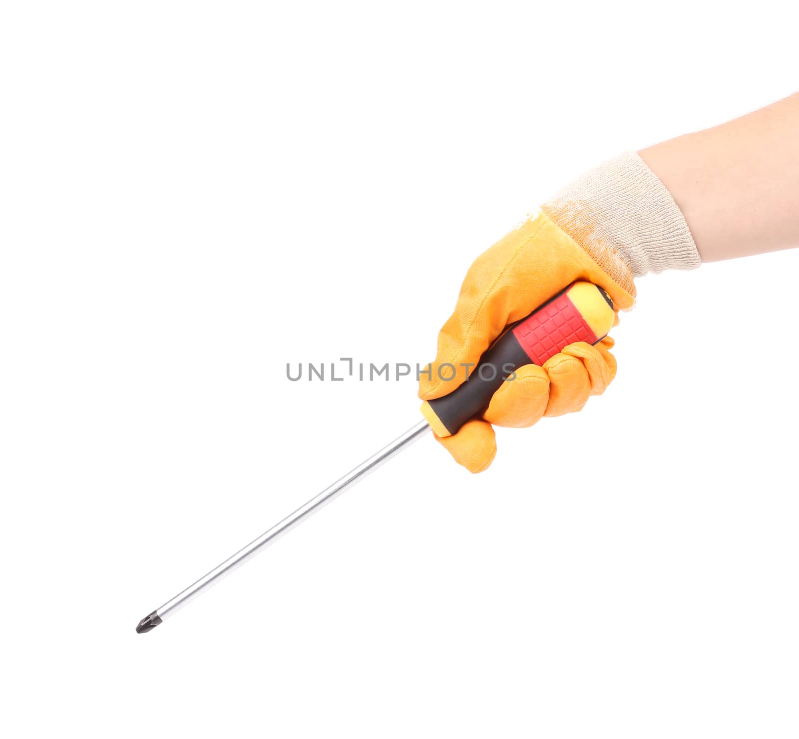 Hand in glove holding screwdriver. Isolated on a white background.