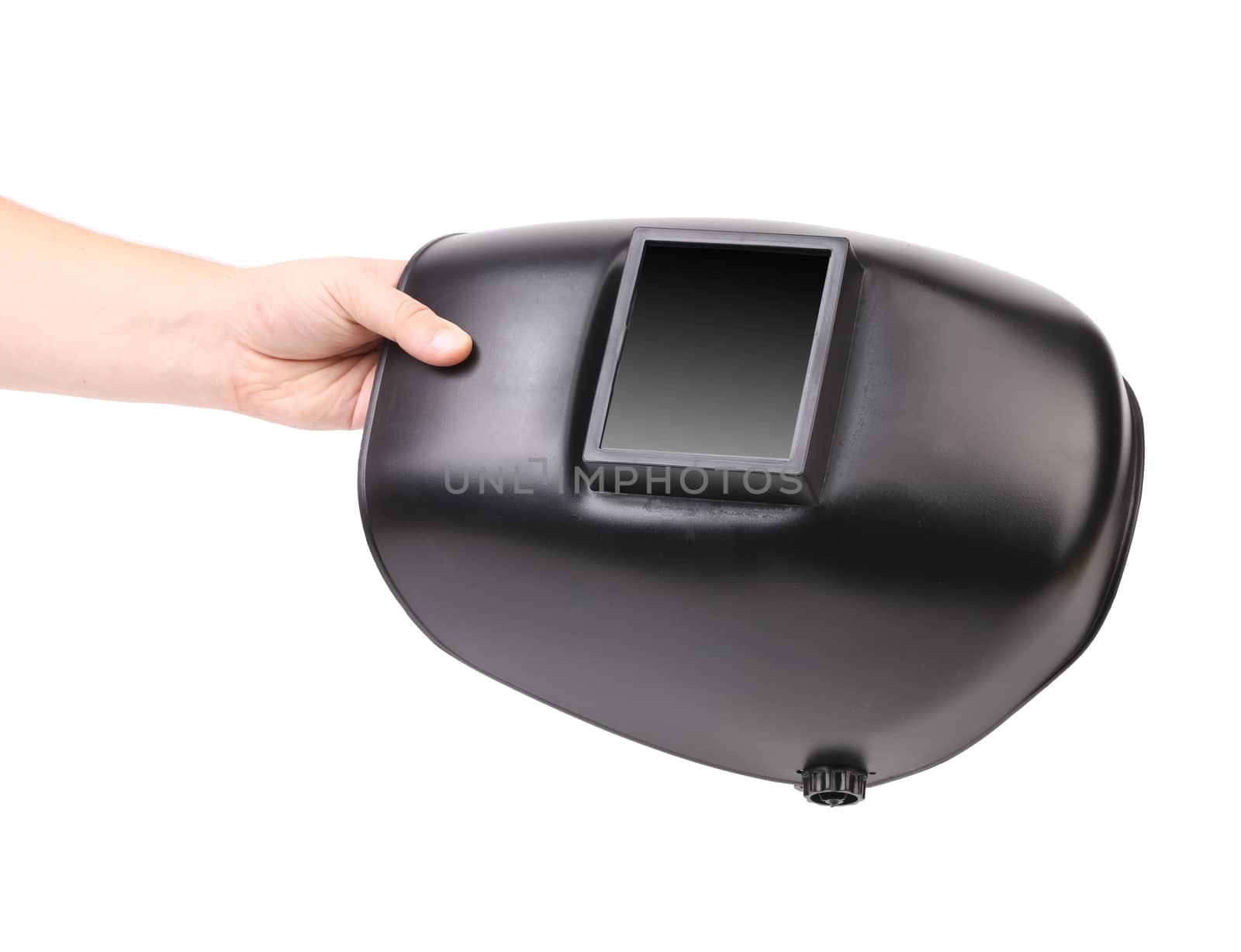 Hand holding welder mask. Isolated on a white background.