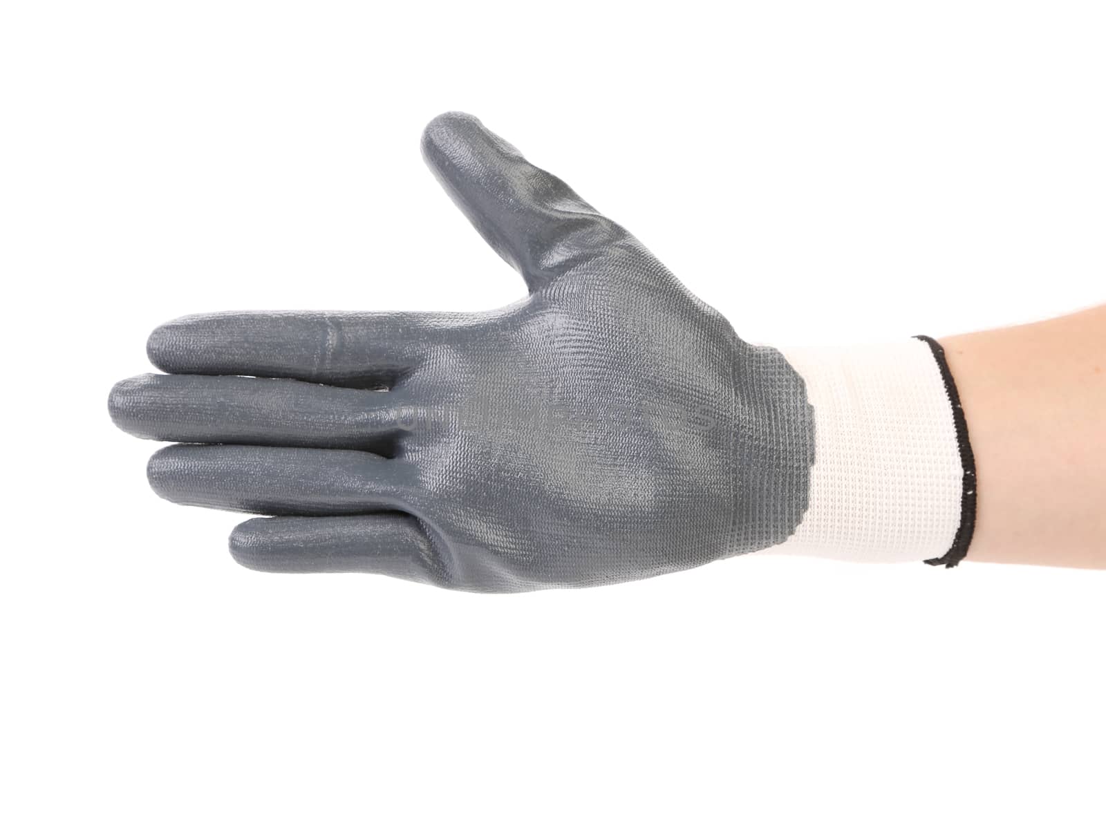 Hand in black rubber glove. Isolated on a white background.