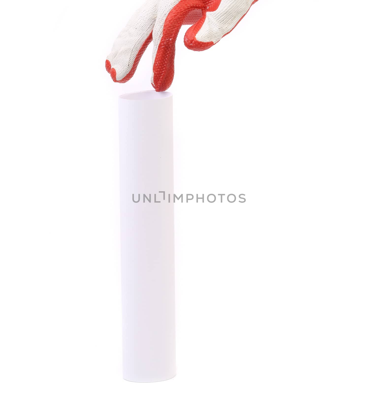 Man hand in red glove touching paper roll. Isolated on a white background.