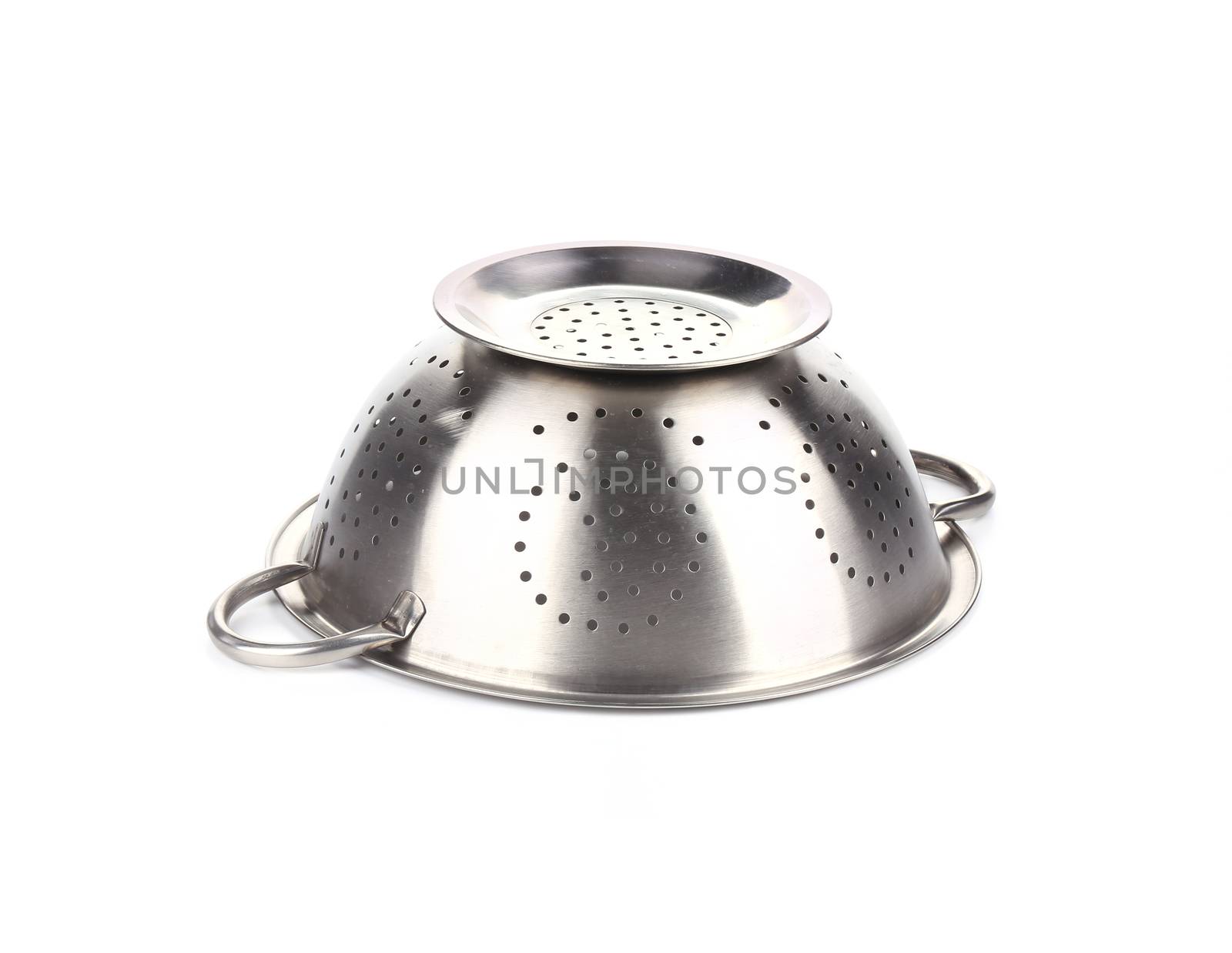 Empty silver colander. Isolated on a white background.