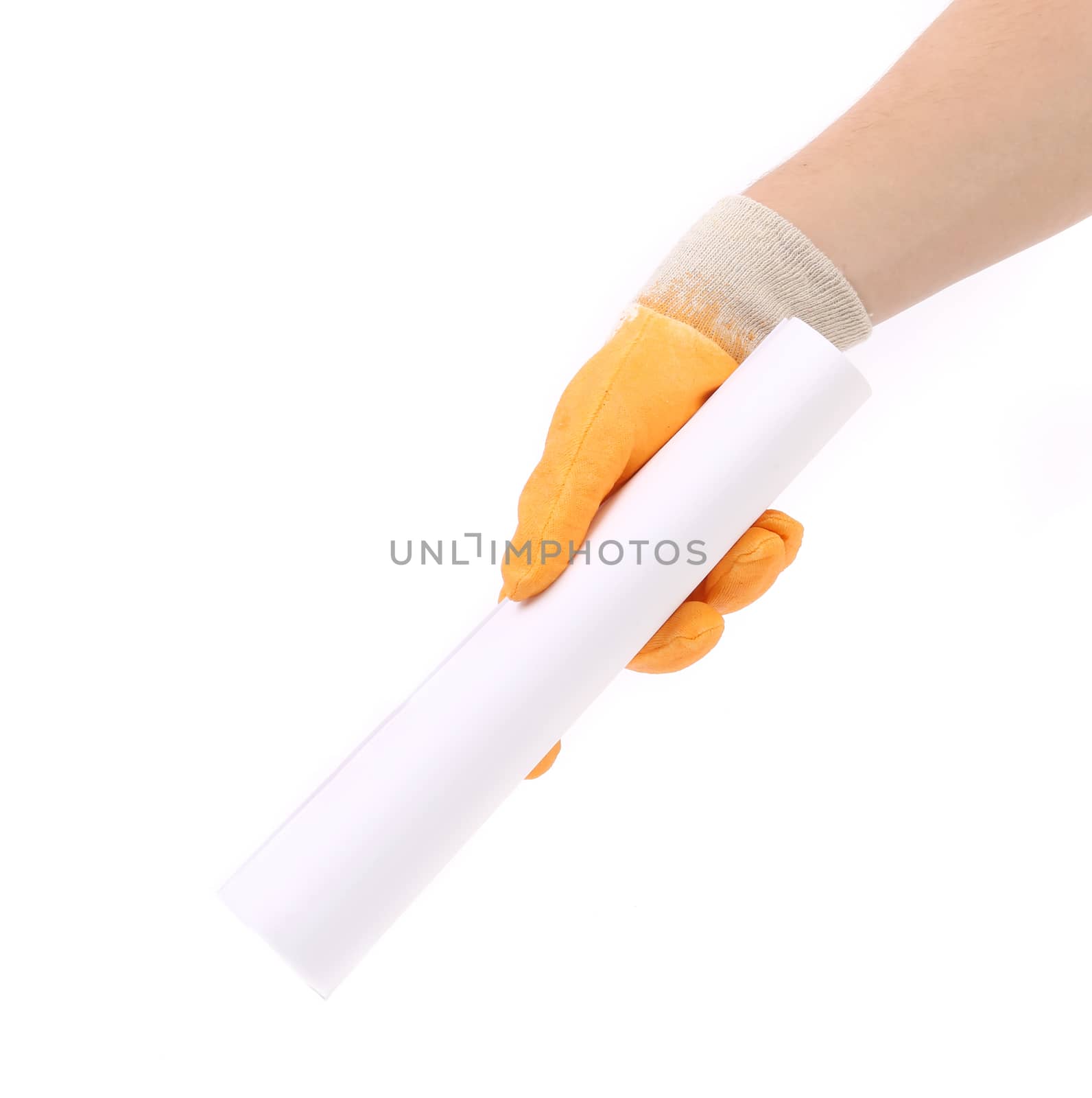 Man hand in yellow glove holding paper roll. Isolated on a white background.