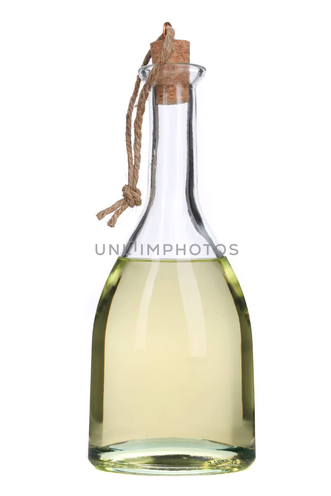 Small bottle of olive oil with cork stopper. Isolated on a white background.
