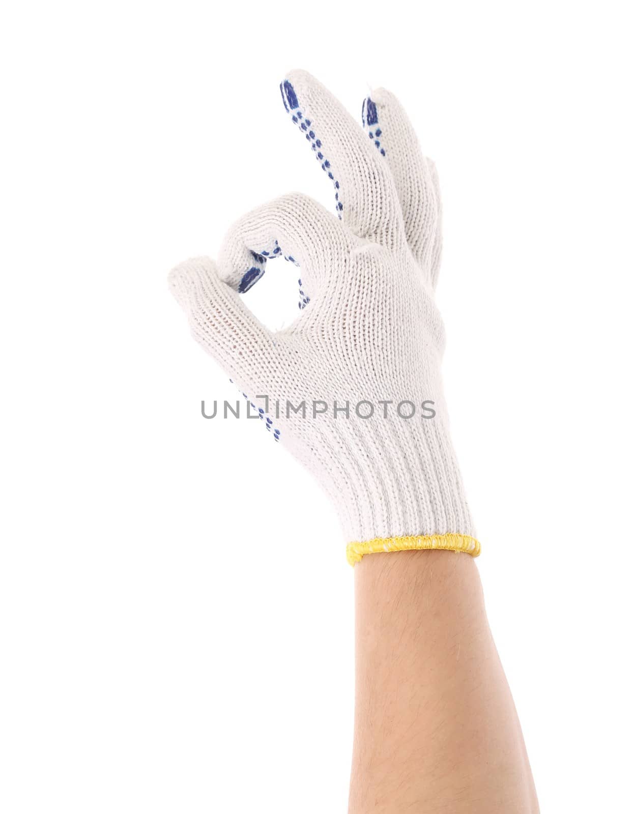 Hand in work glove shows ok sign. Isolated on a white background.