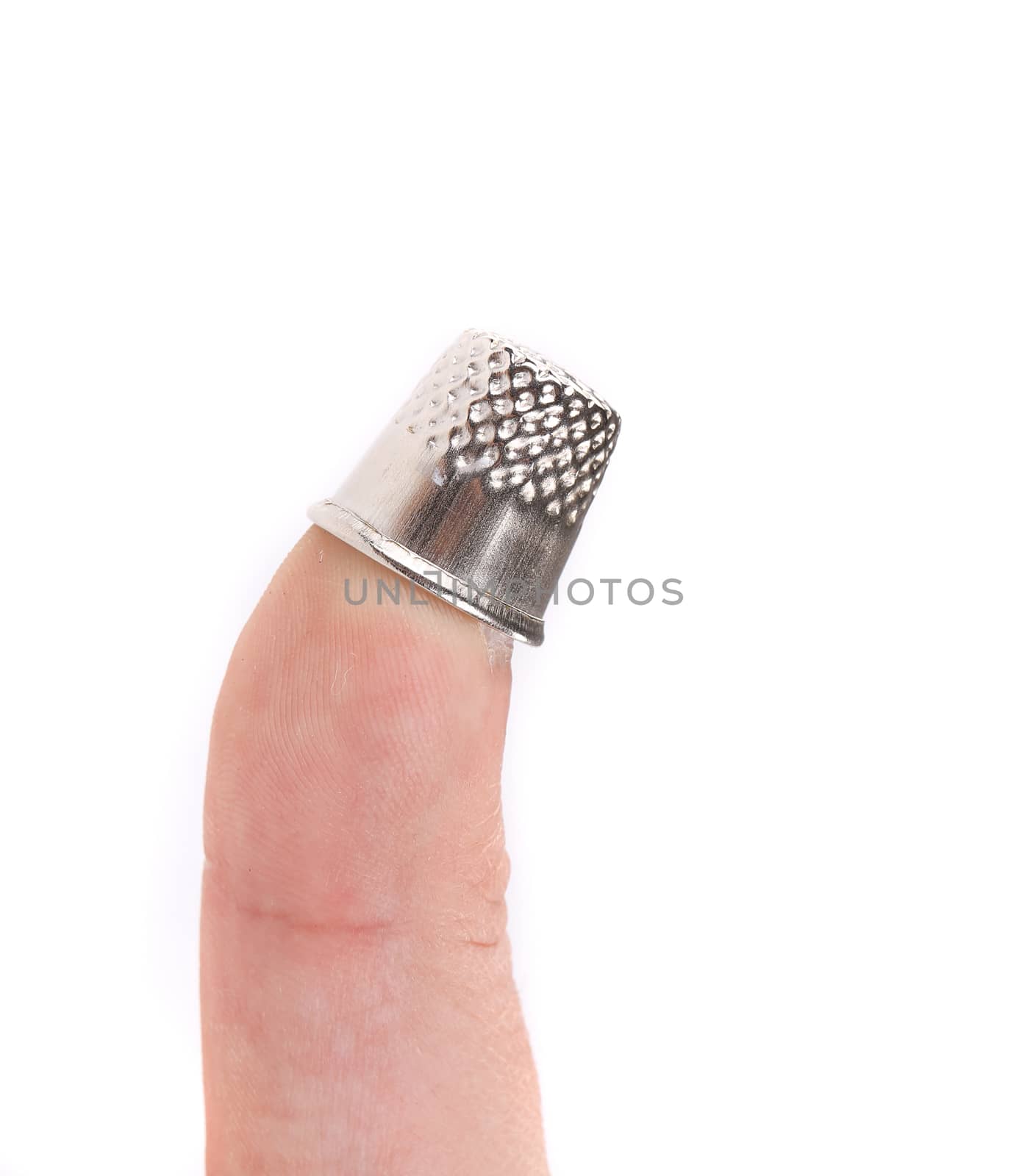 Protective thimble on the man hand. Isolated on a white background.