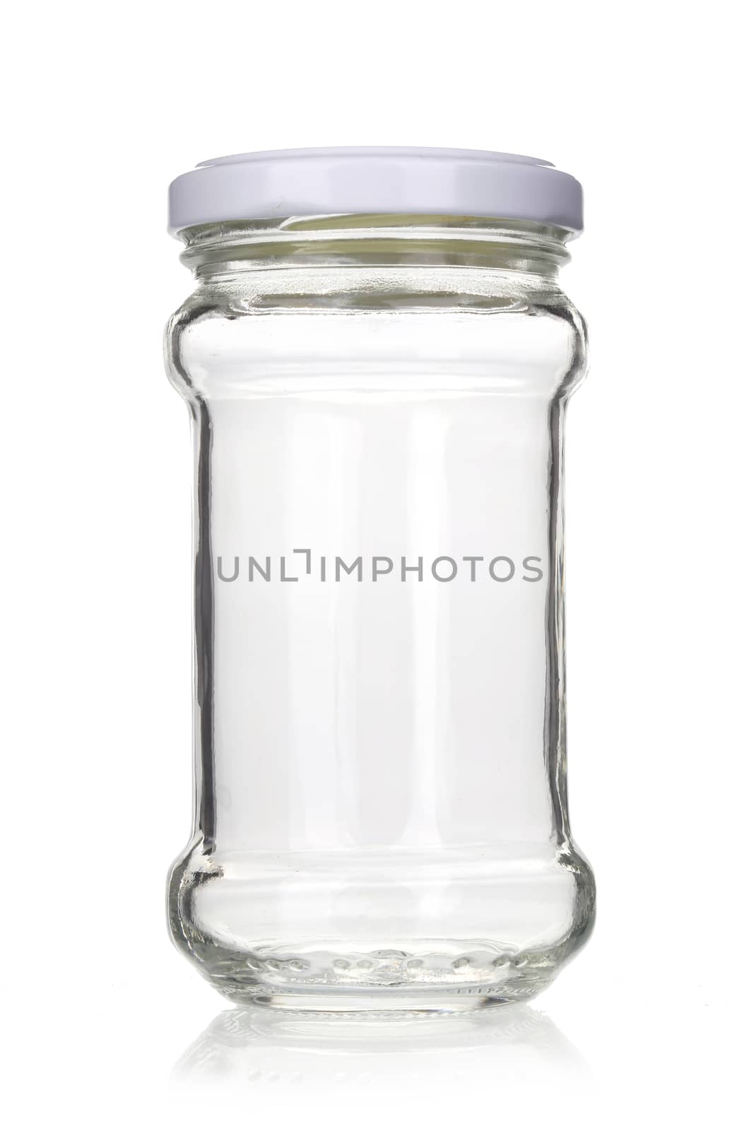 Closed empty glass jar. Isolated on white background.