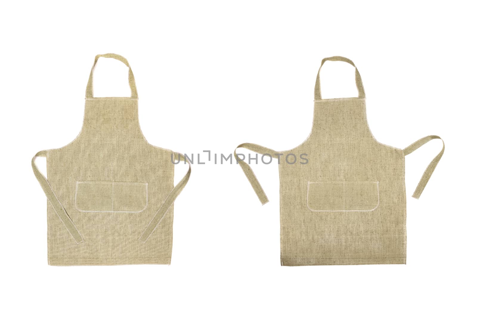 Two kitchen gray aprons. Front view. Isolated on a white background