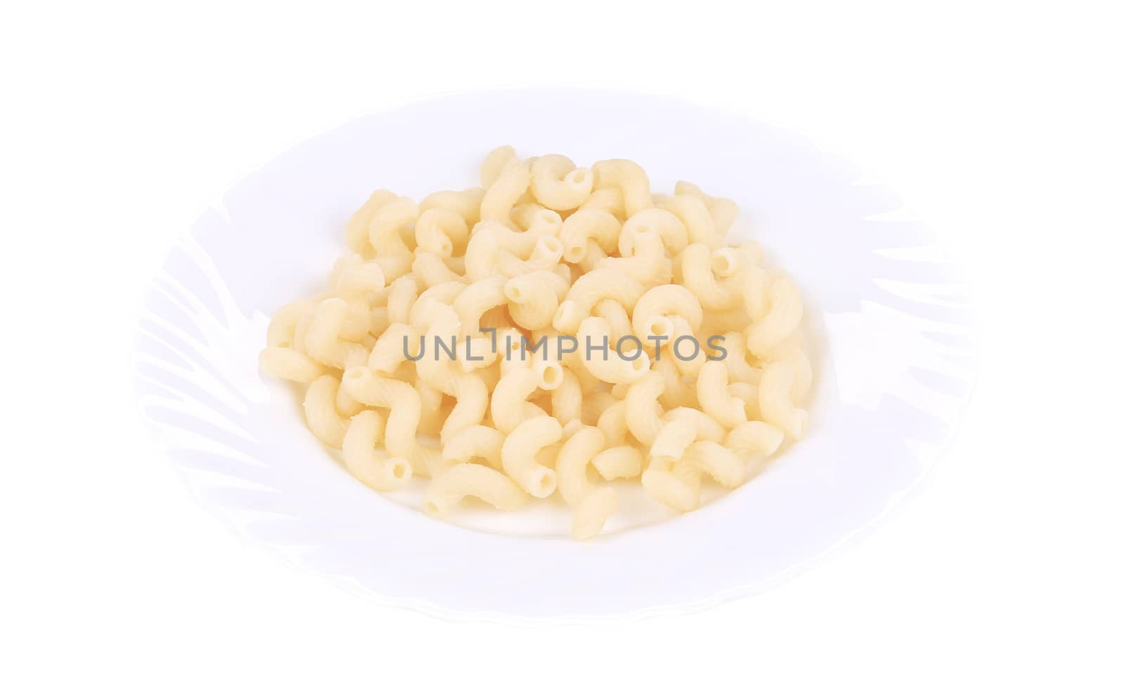 Close up of pasta cavatappi on a white plate. Isolated on a white background.