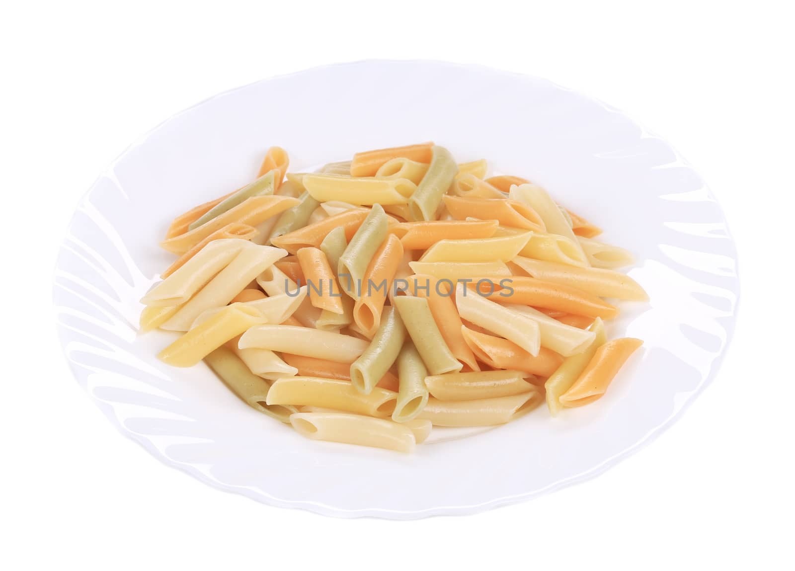 Pasta on plate close up. Isolated on a white background.