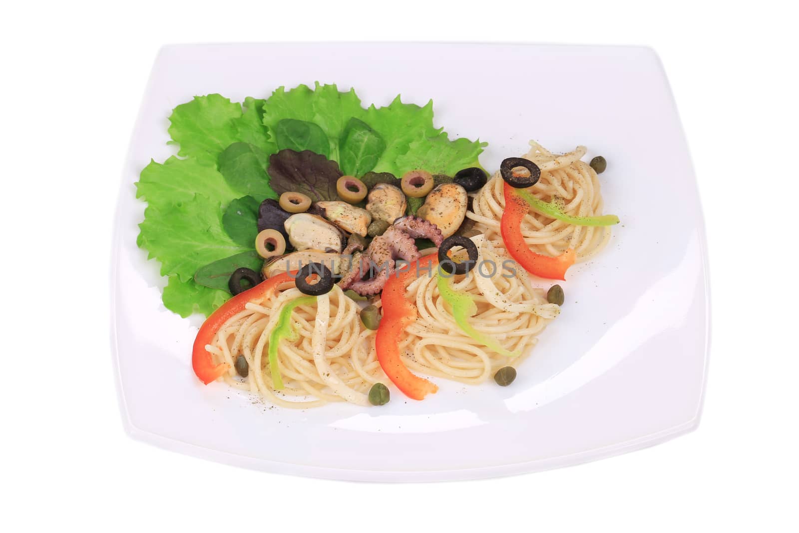 Sea salad with spaghetti. Isolated on a white background.