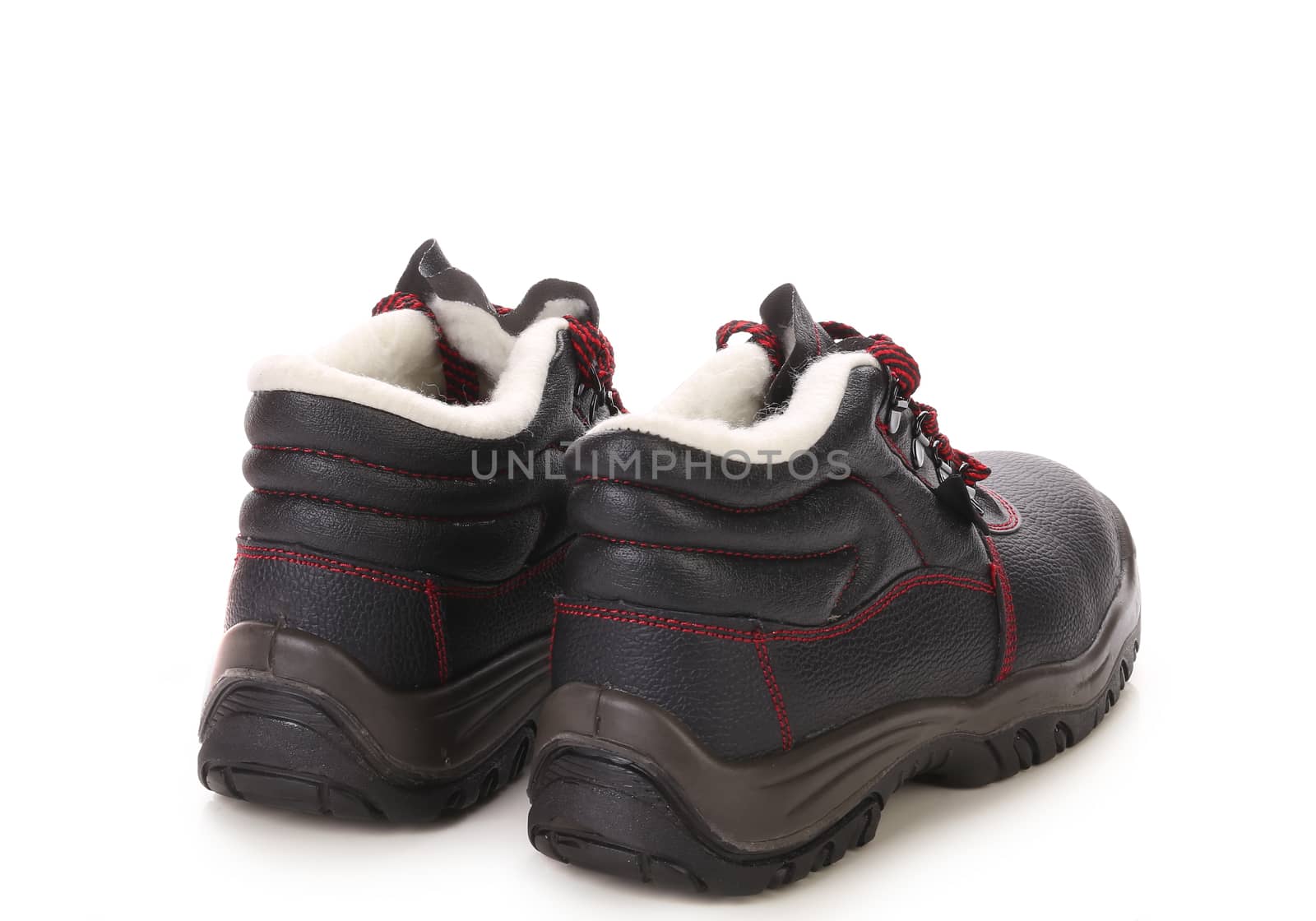Black man's boots with red lace. Back view. Isolated on white background.