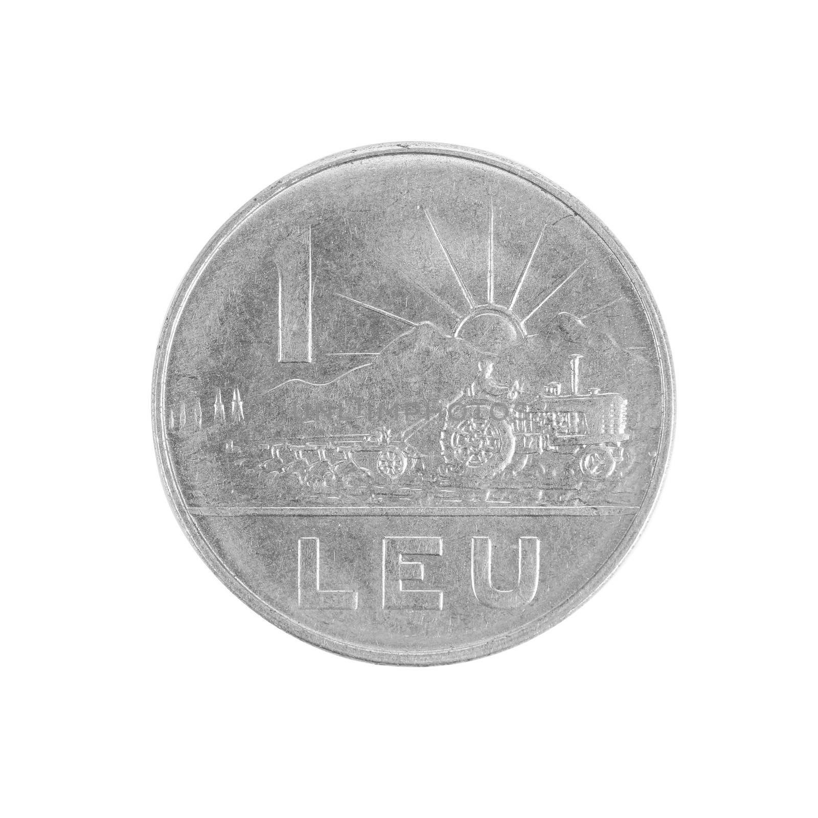 One Romanian Lei coin. Isolated on a white background.