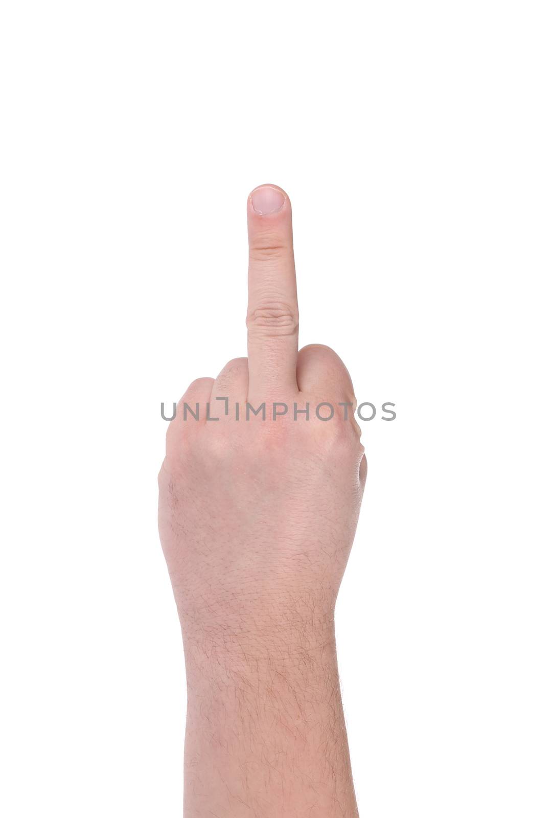 Hand shows middle finger. Isolated on a white background.