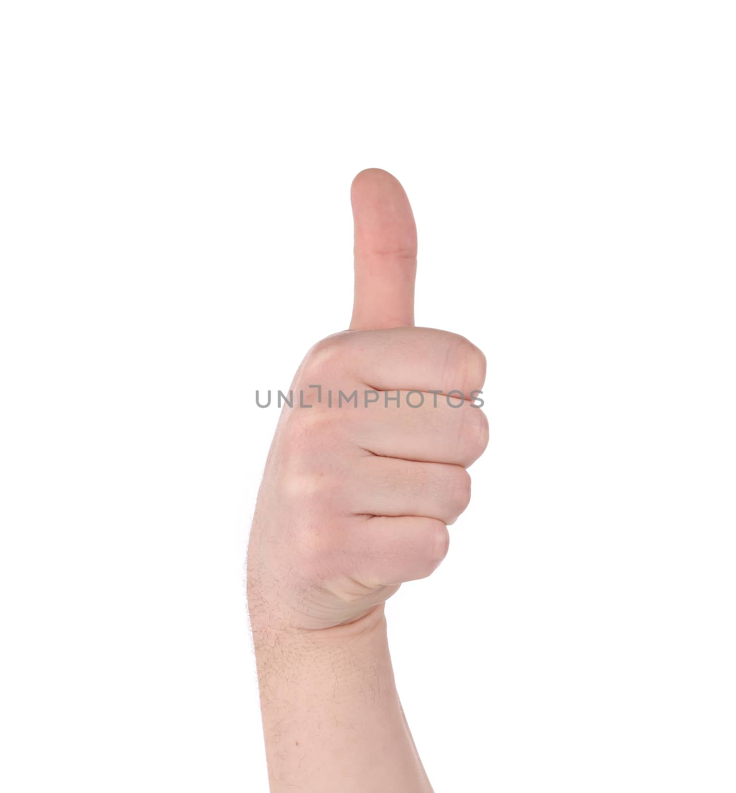Man's hand shows thumbs up. Isolated on a white background.