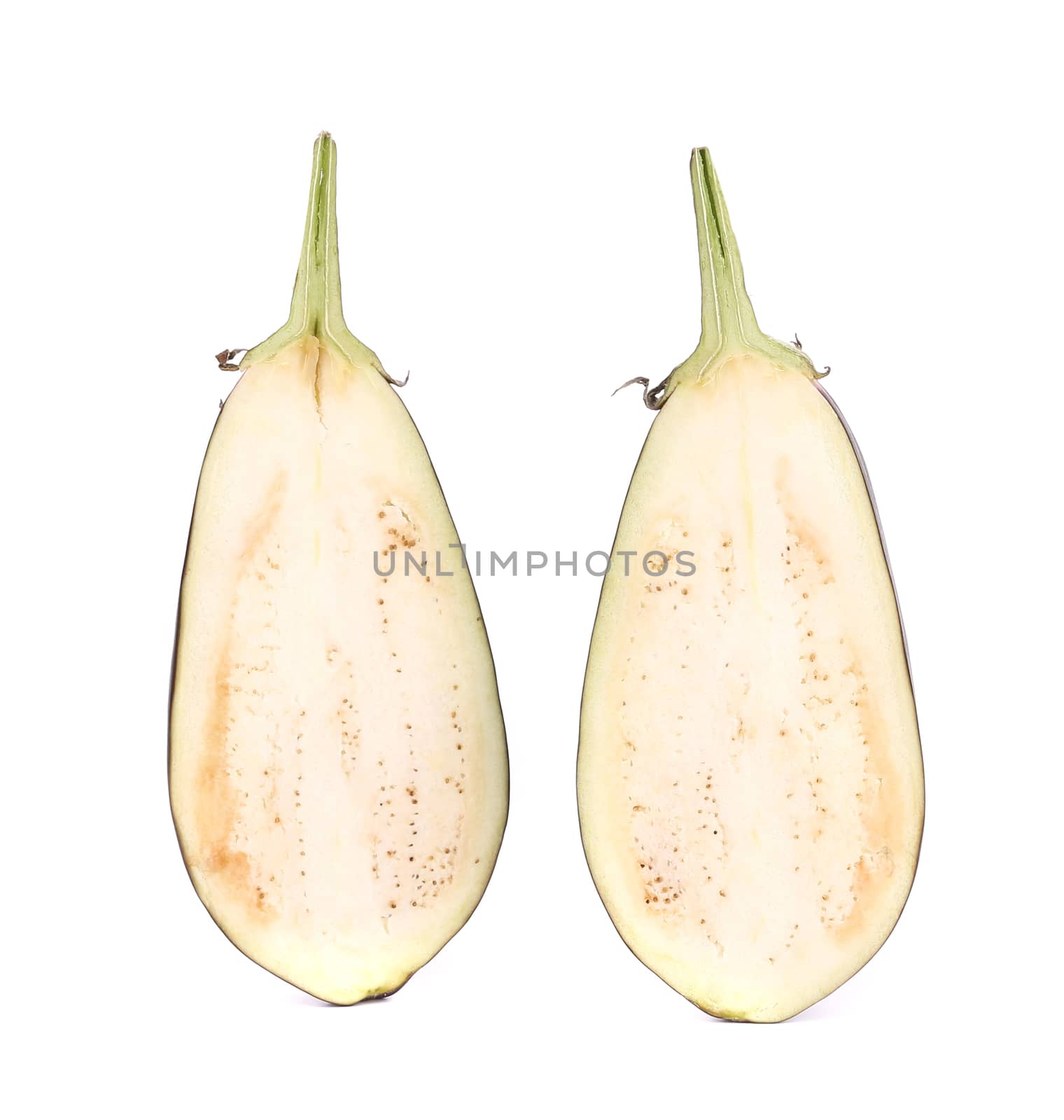 Two halved eggplants. Isolated on a white background.
